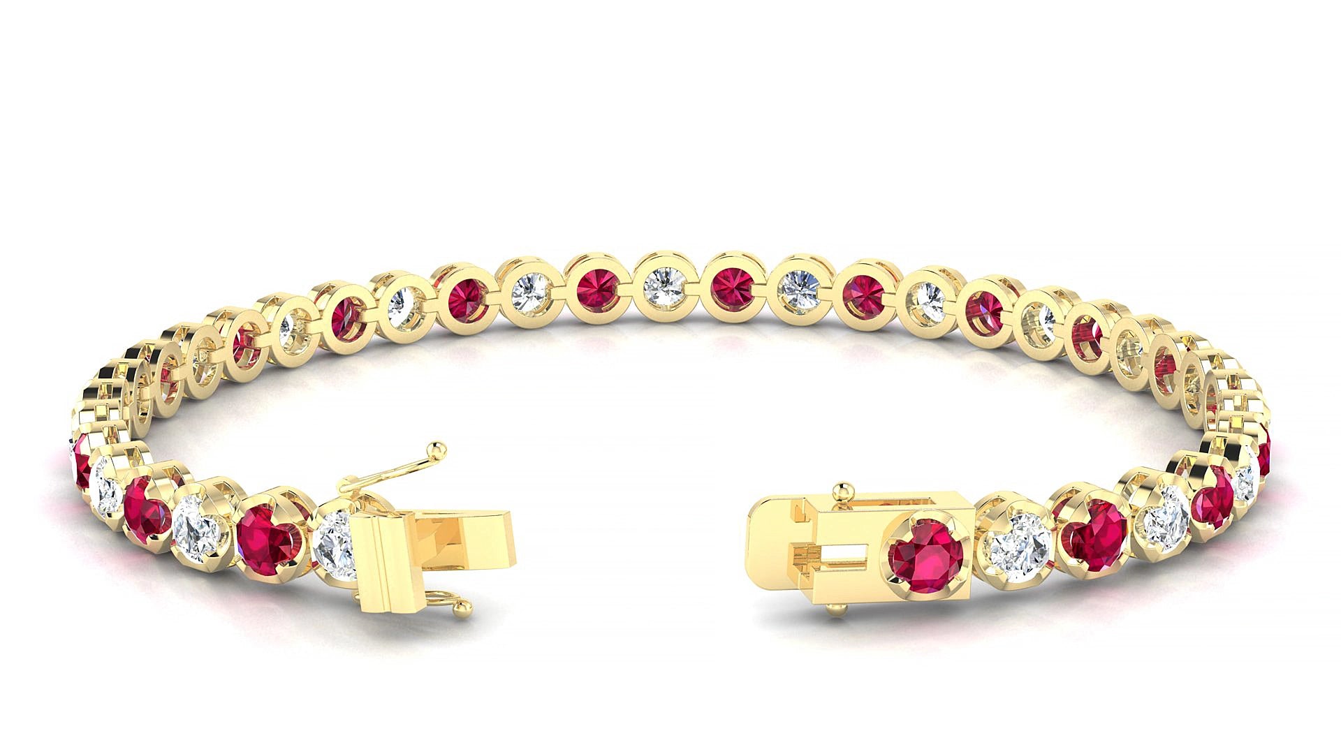 Bengal 1-1 | 18k Yellow Gold 3.4 mm Round Natural Ruby & Diamond 15 cm Tennis Bracelet