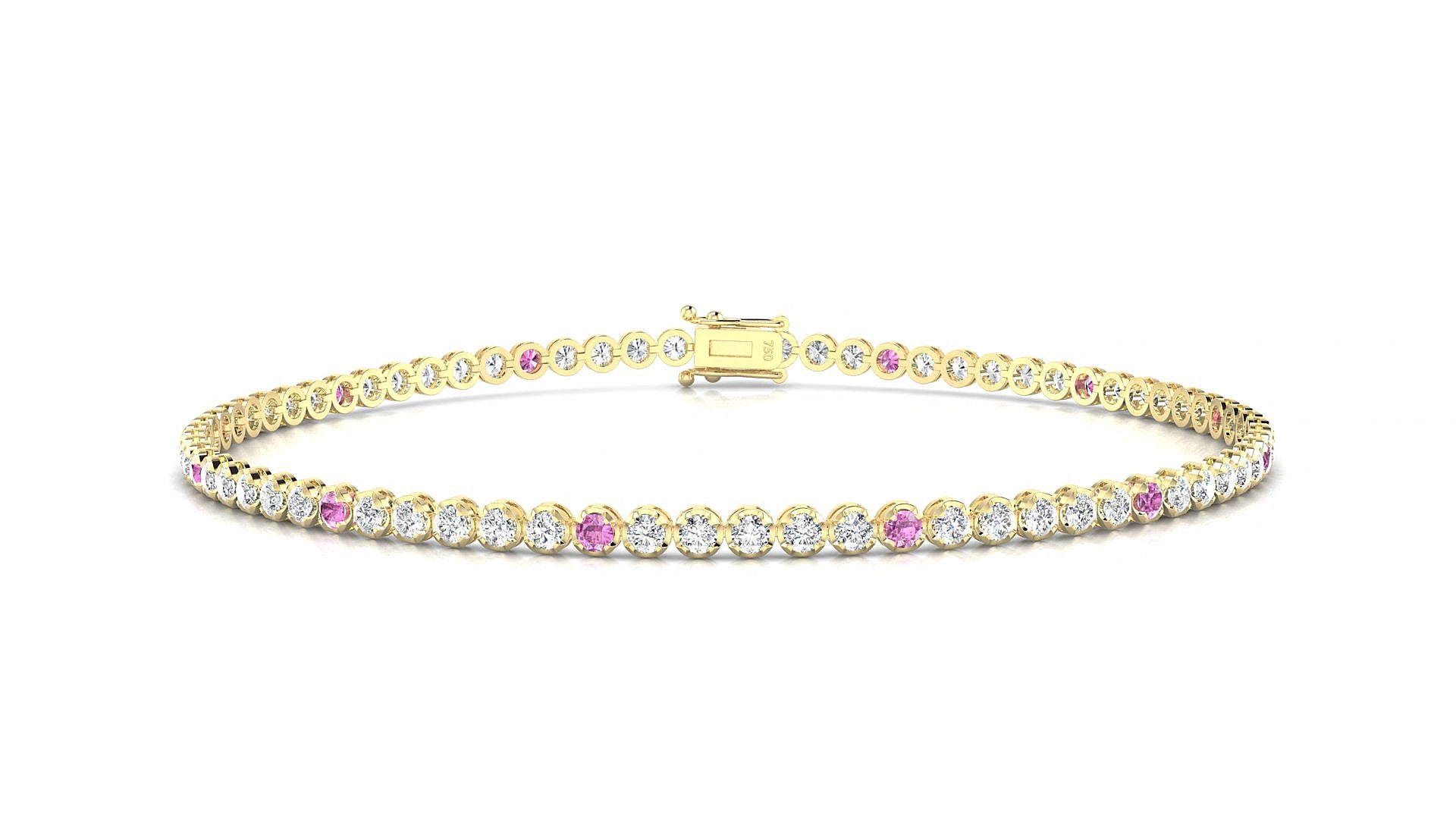 Bengal 1-5 | 18k Yellow Gold 1.7 mm Round Natural Pink Sapphire & Diamond 19 cm Tennis Bracelet