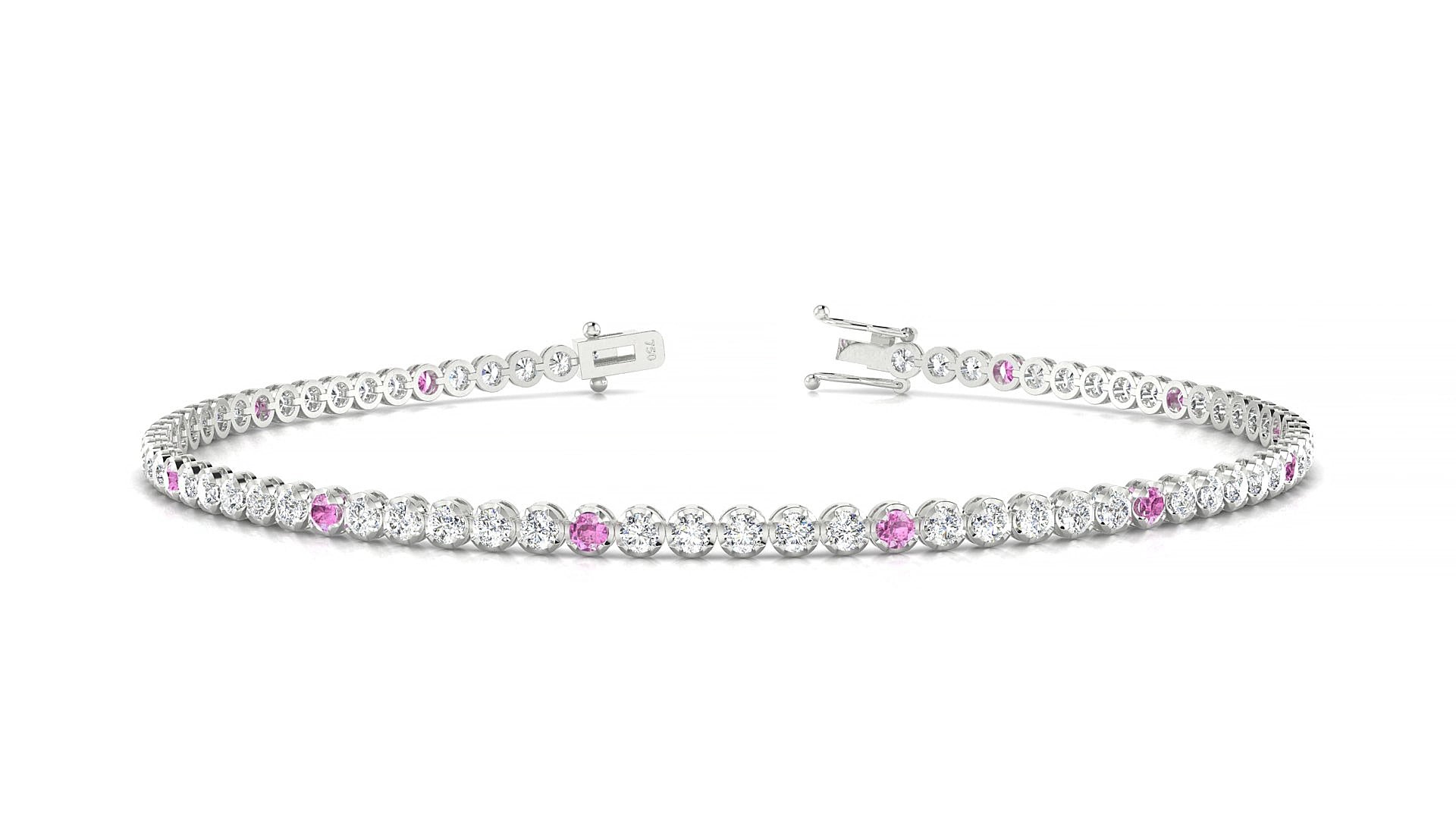 Bengal 1-5 | 18k White Gold 1.7 mm Round Natural Pink Sapphire & Diamond 17 cm Tennis Bracelet