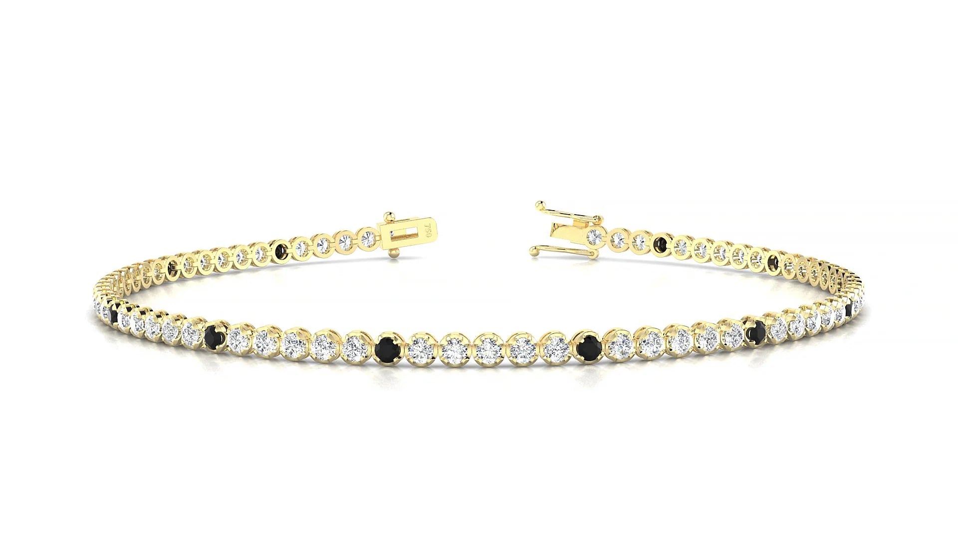 Bengal 1-5 | 18k Yellow Gold 1.7 mm Round Natural Black Diamond & Diamond Tennis Bracelet