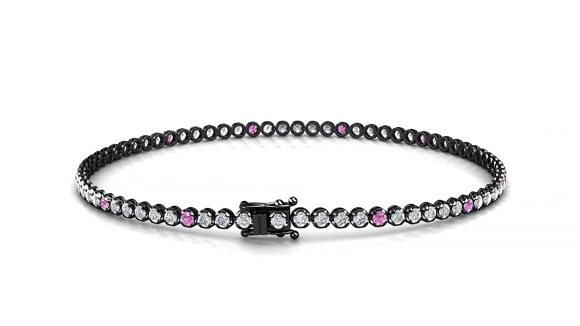 Bengal 1-5 | 18k Black Gold 1.7 mm Round Natural Pink Sapphire & Diamond 19 cm Tennis Bracelet