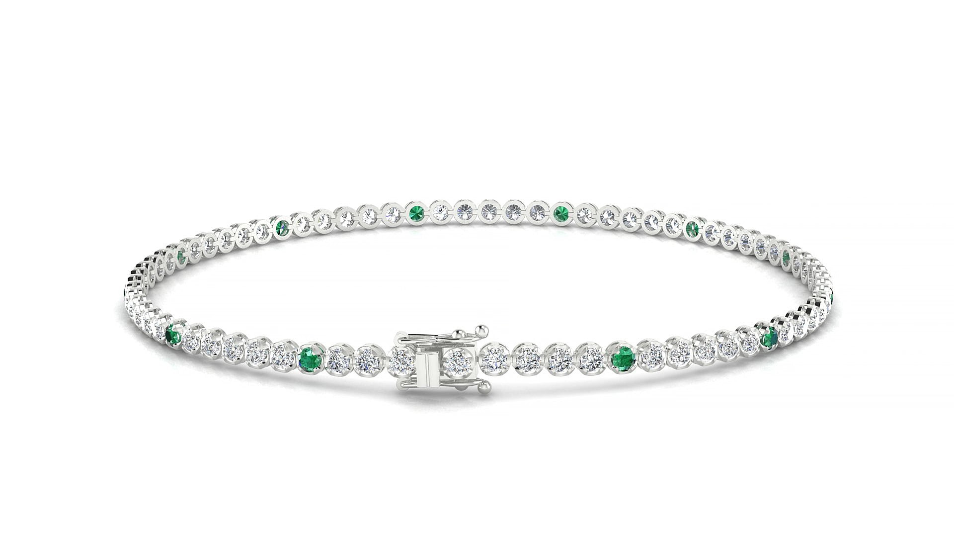 Bengal 1-5 | 18k White Gold 1.7 mm Round Natural Emerald & Diamond 18 cm Tennis Bracelet