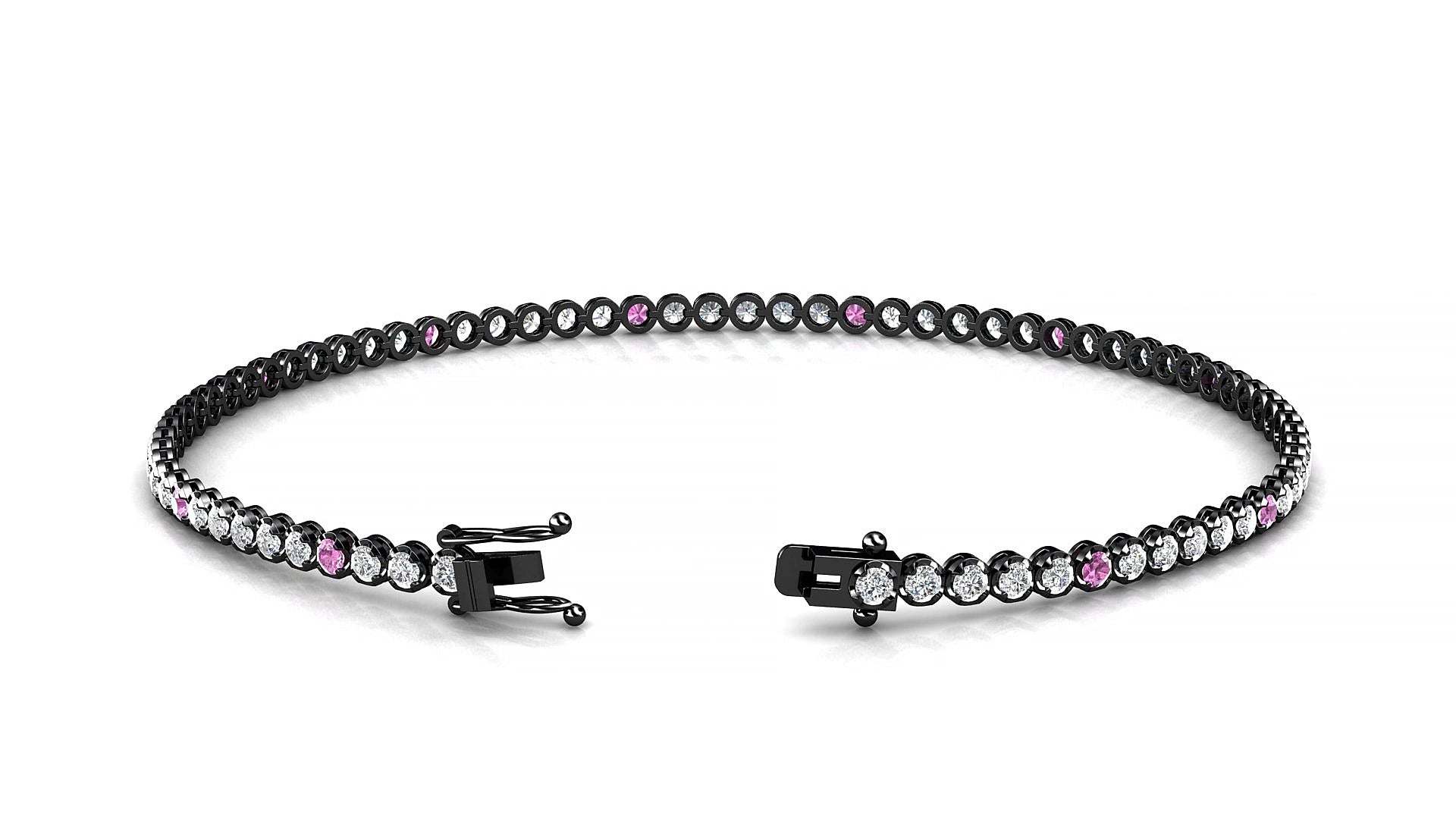 Bengal 1-5 | 18k Black Gold 1.7 mm Round Natural Pink Sapphire & Diamond 19 cm Tennis Bracelet