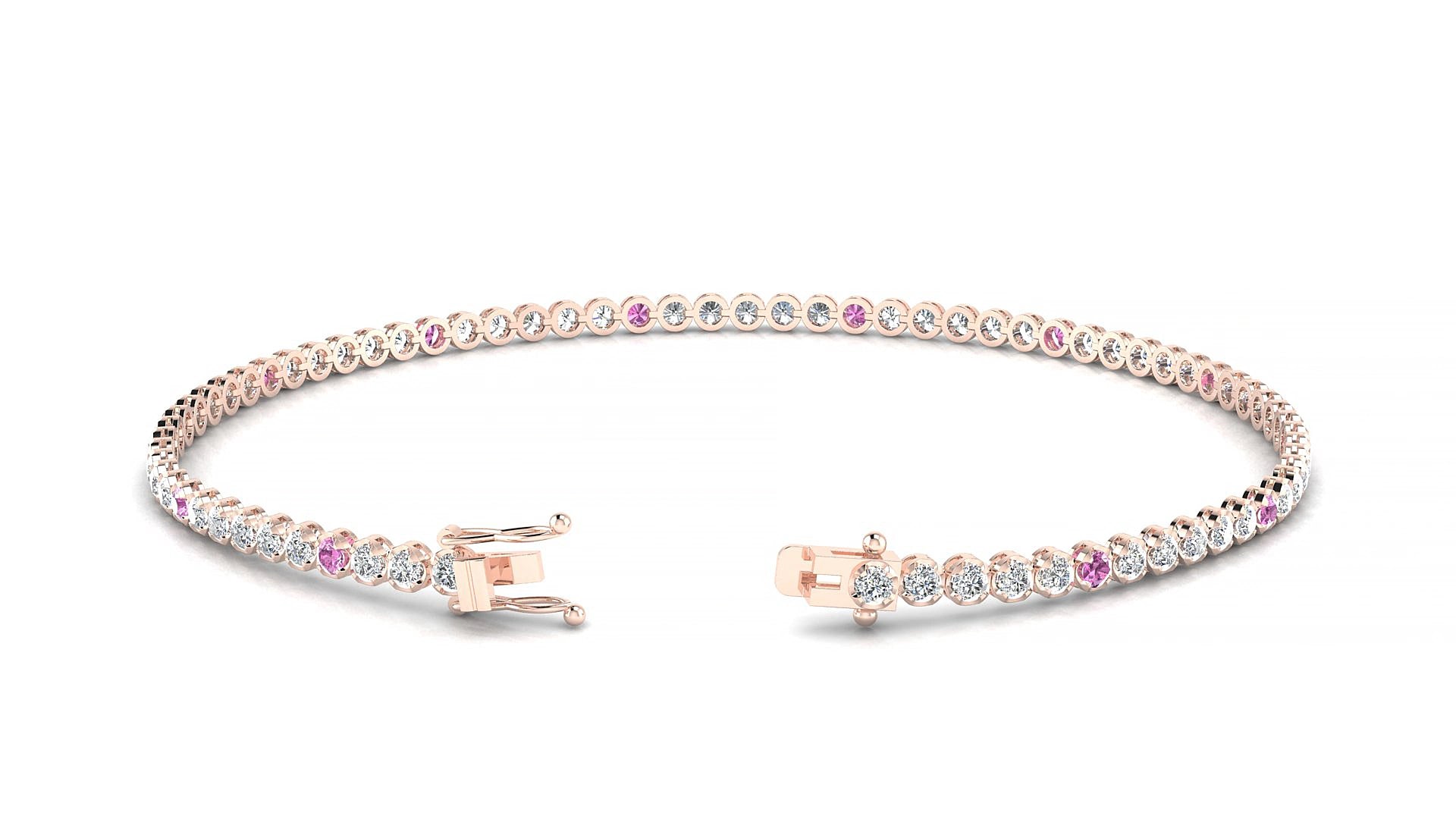 Bengal 1-5 | 18k Rose Gold 1.7 mm Round Natural Pink Sapphire & Diamond 19 cm Tennis Bracelet