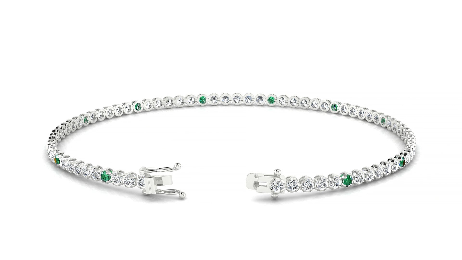 Bengal 1-5 | 18k White Gold 1.7 mm Round Natural Emerald & Diamond 15 cm Tennis Bracelet