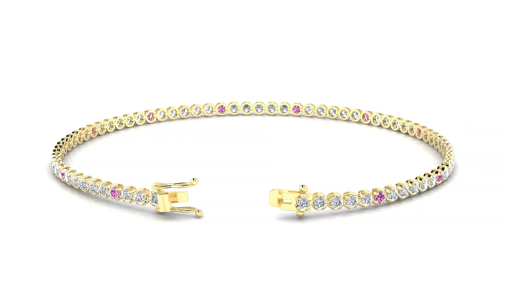 Bengal 1-5 | 18k Yellow Gold 1.7 mm Round Natural Pink Sapphire & Diamond 19 cm Tennis Bracelet