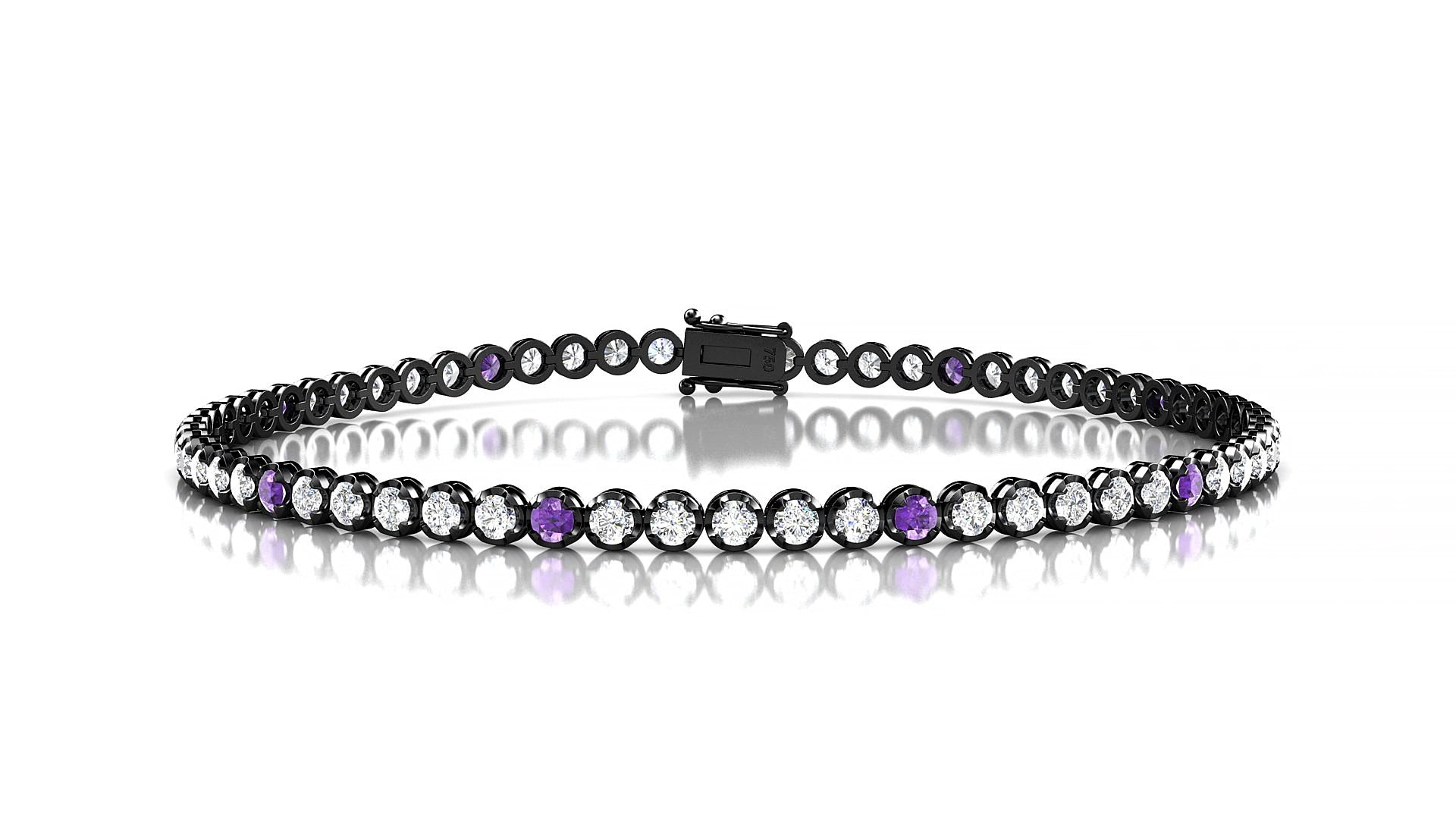 Bengal 1-5 | 18k Black Gold 2 mm Round Natural Amethyst & Diamond 20 cm Tennis Bracelet