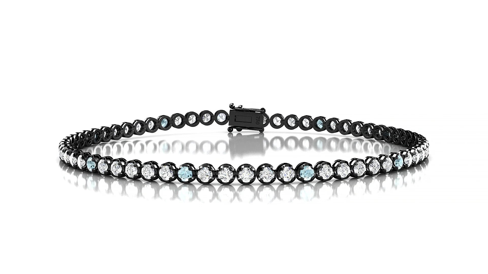 Bengal 1-5 | 18k Black Gold 2 mm Round Natural Aquamarine & Diamond Tennis Bracelet
