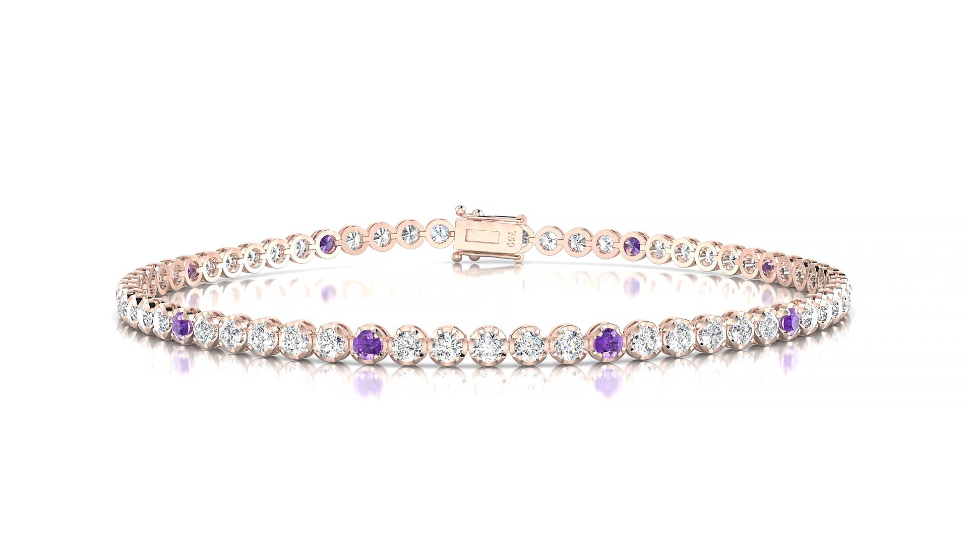 Bengal 1-5 | 18k Rose Gold 2 mm Round Natural Amethyst & Diamond 15 cm Tennis Bracelet