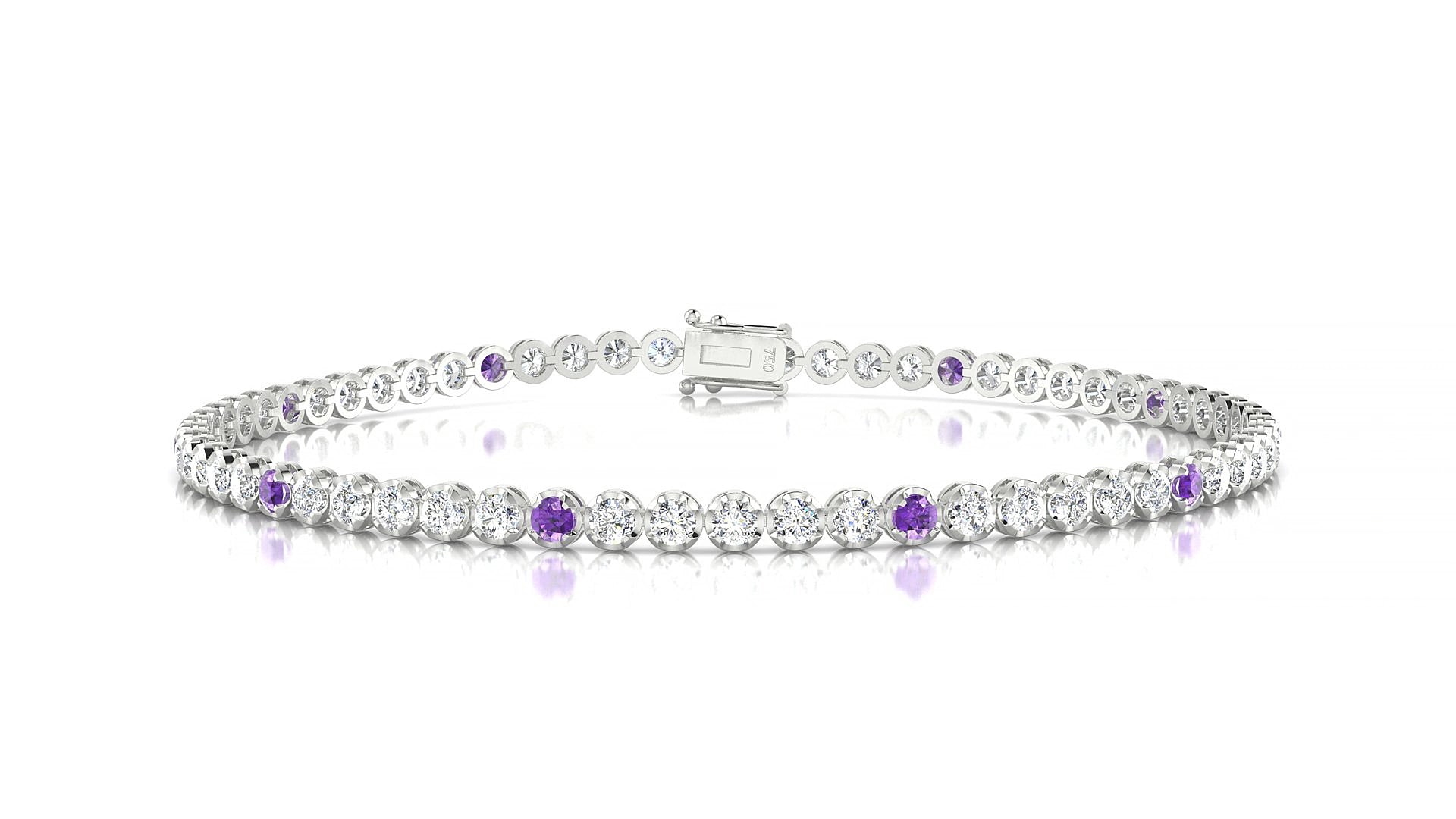 Bengal 1-5 | 18k White Gold 2 mm Round Natural Amethyst & Diamond 15 cm Tennis Bracelet