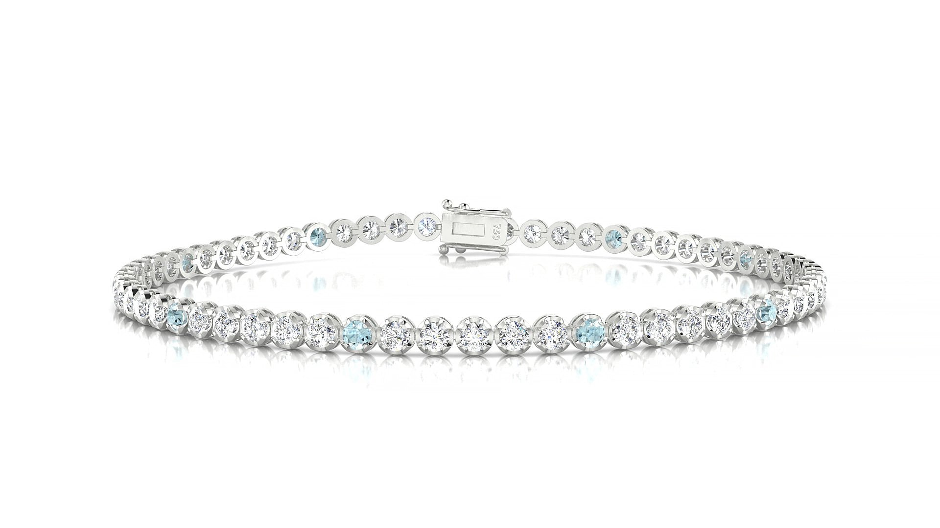 Bengal 1-5 | 18k White Gold 2 mm Round Natural Aquamarine & Diamond 15 cm Tennis Bracelet