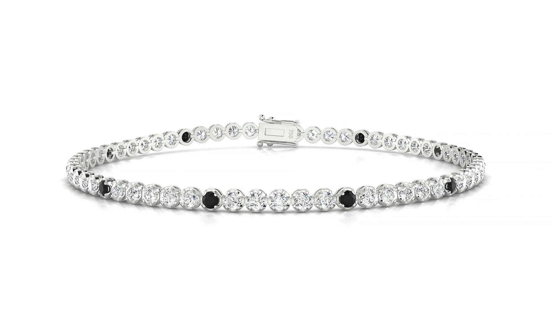 Bengal 1-5 | 18k White Gold 2 mm Round Natural Black Diamond & Diamond 16 cm Tennis Bracelet