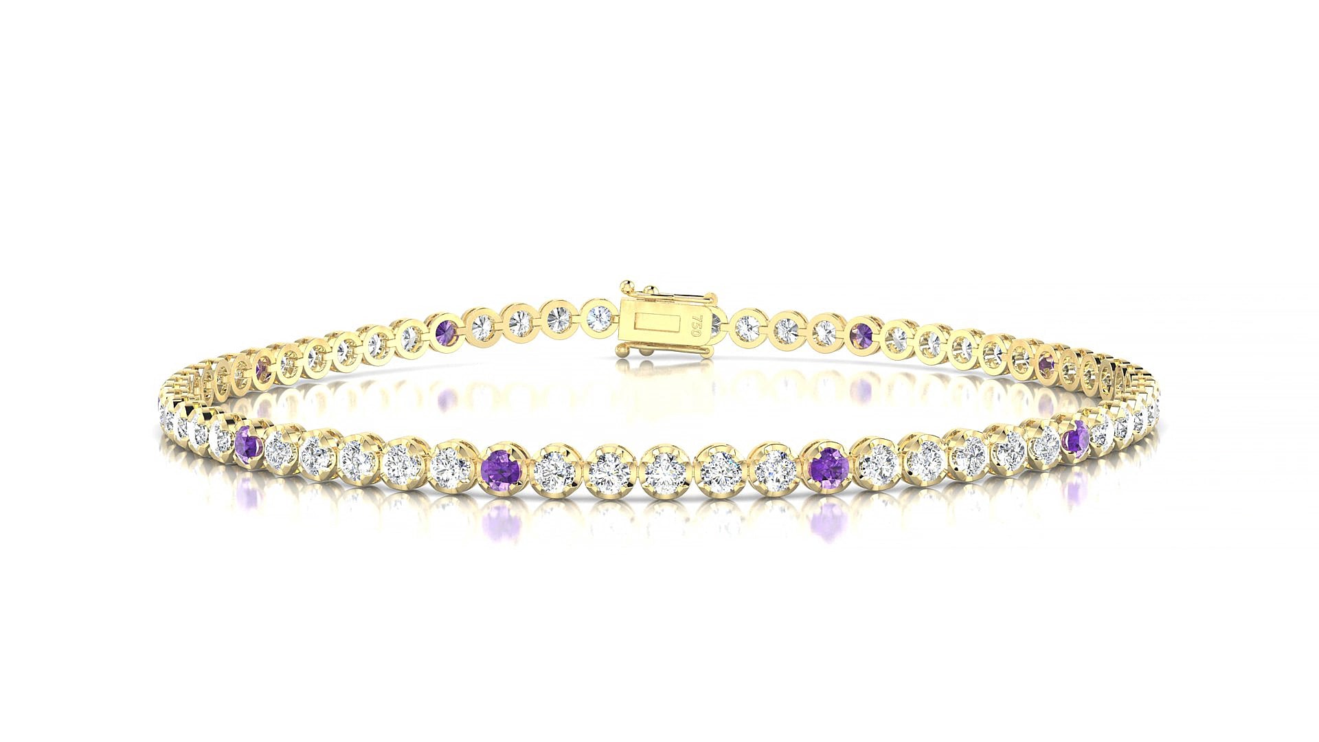 Bengal 1-5 | 18k Yellow Gold 2 mm Round Natural Amethyst & Diamond 19 cm Tennis Bracelet