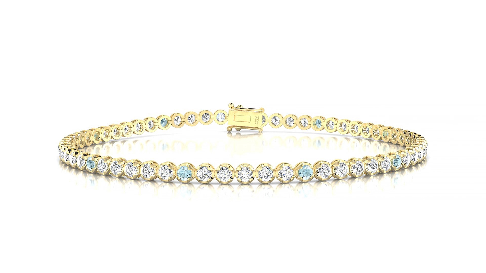 Bengal 1-5 | 18k Yellow Gold 2 mm Round Natural Aquamarine & Diamond 15 cm Tennis Bracelet