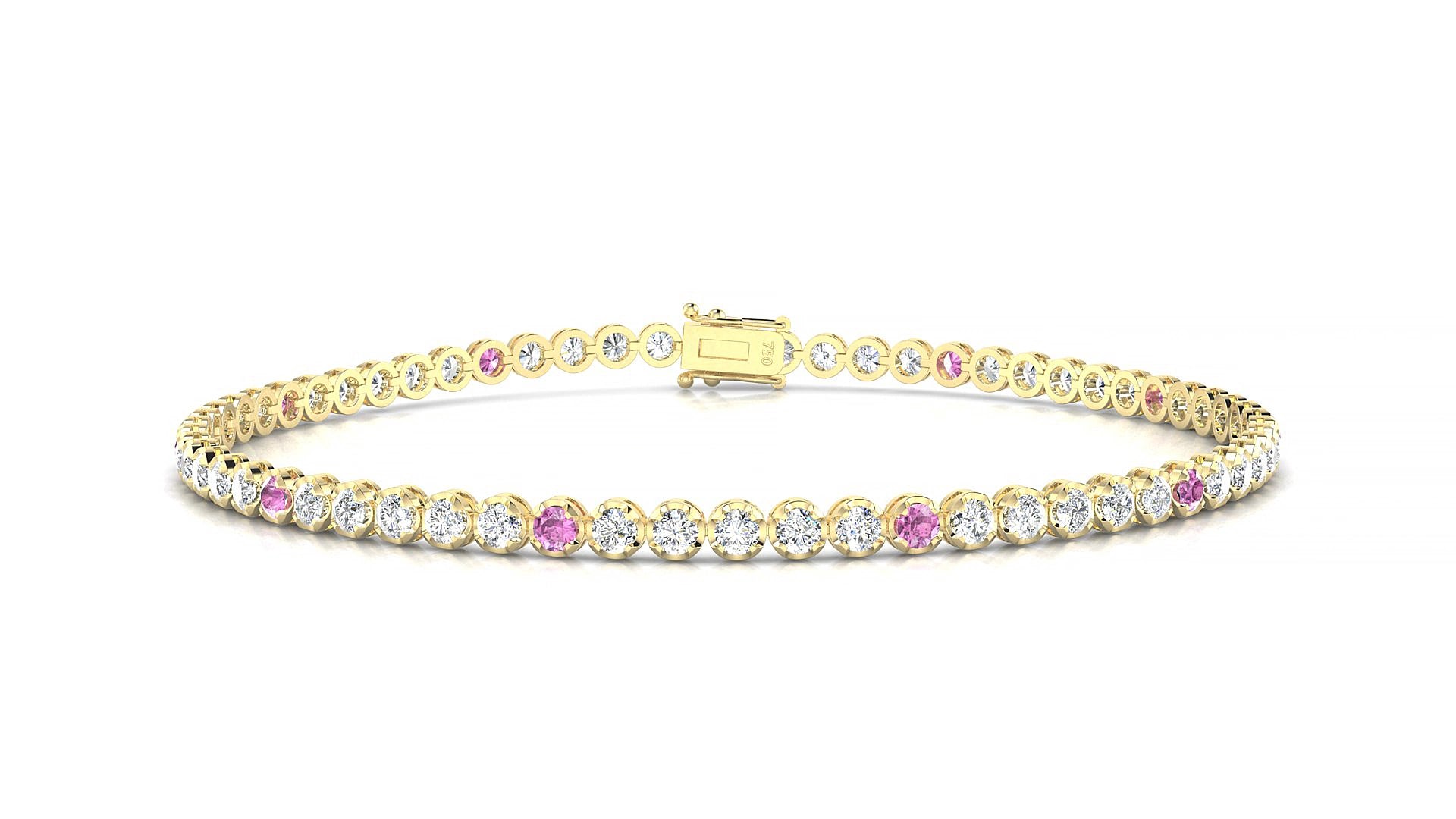 Bengal 1-5 | 18k Yellow Gold 2 mm Round Natural Pink Sapphire & Diamond 15 cm Tennis Bracelet