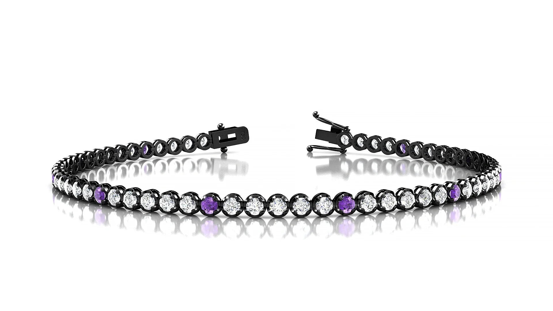 Bengal 1-5 | 18k Black Gold 2 mm Round Natural Amethyst & Diamond Tennis Bracelet