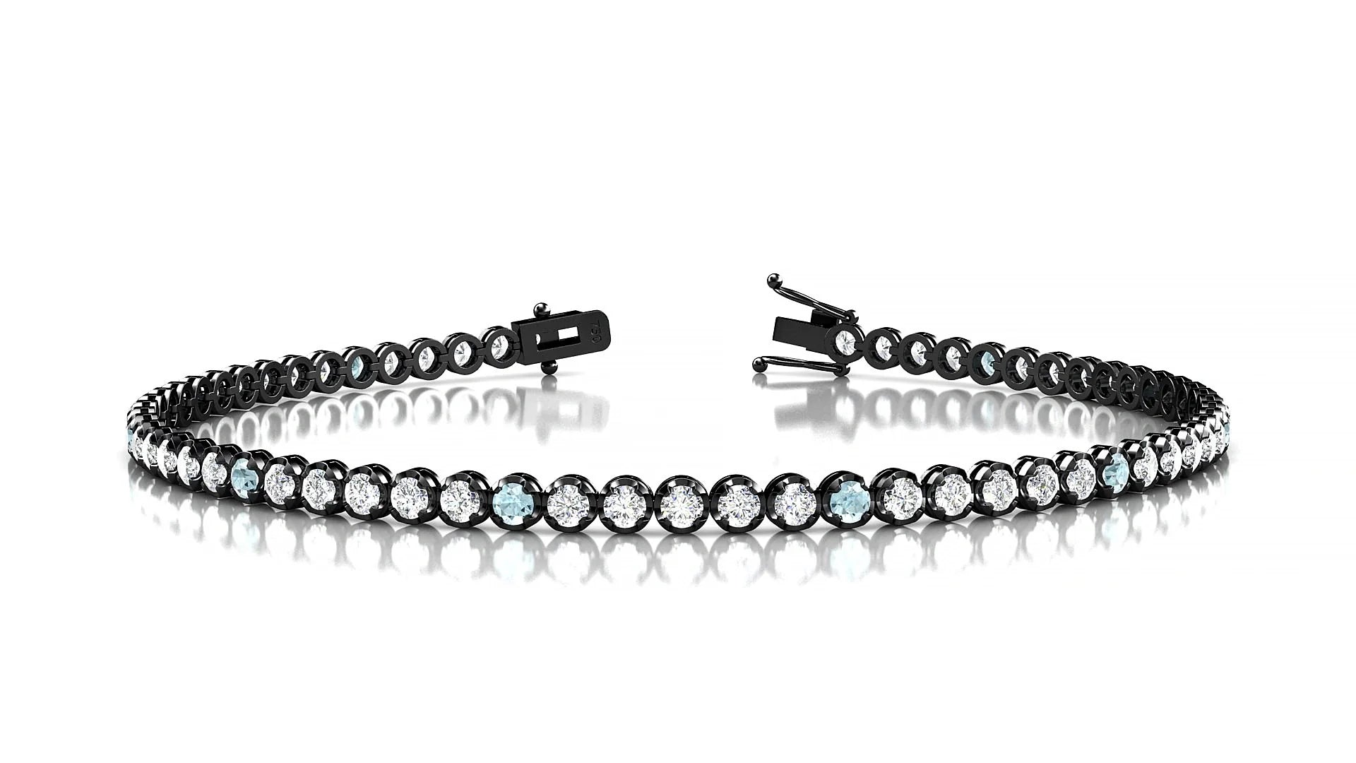 Bengal 1-5 | 18k Black Gold 2 mm Round Natural Aquamarine & Diamond Tennis Bracelet