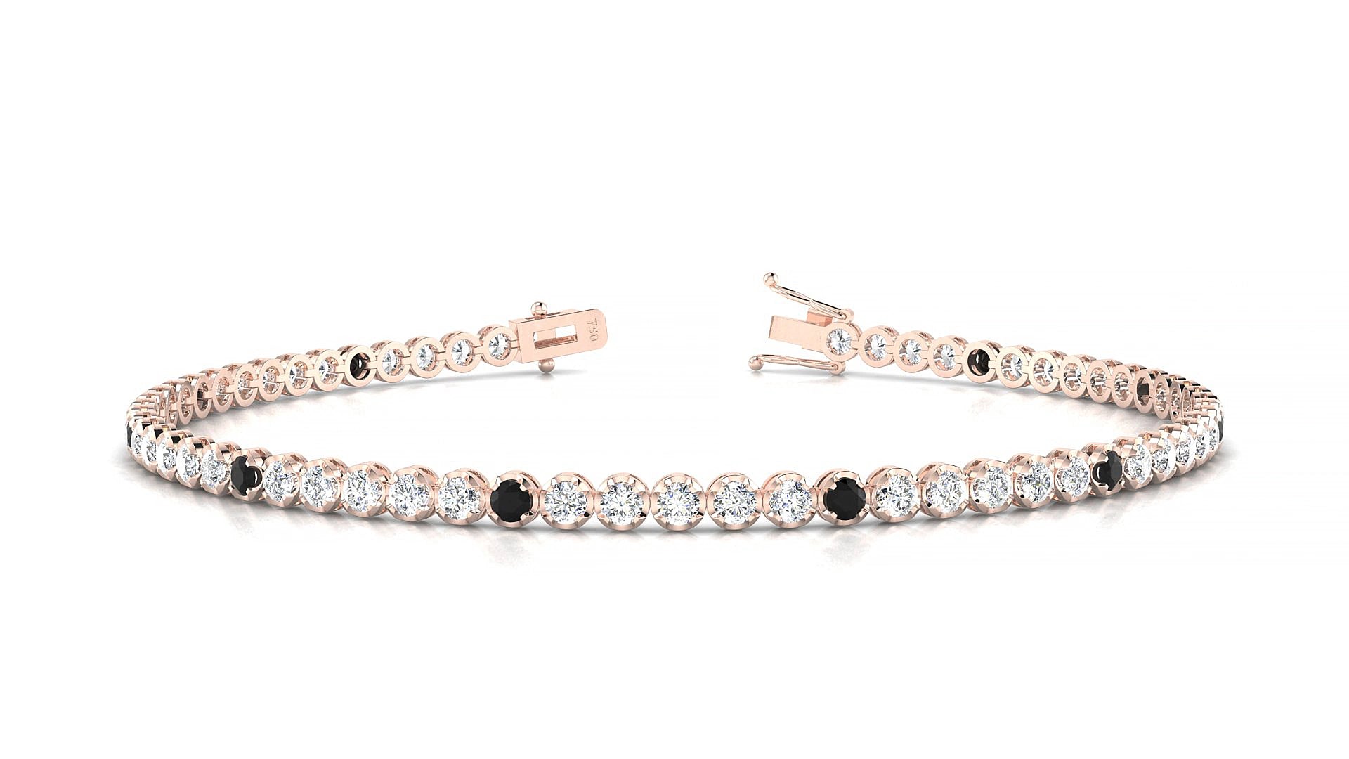 Bengal 1-5 | 18k Rose Gold 2 mm Round Natural Black Diamond & Diamond 18 cm Tennis Bracelet