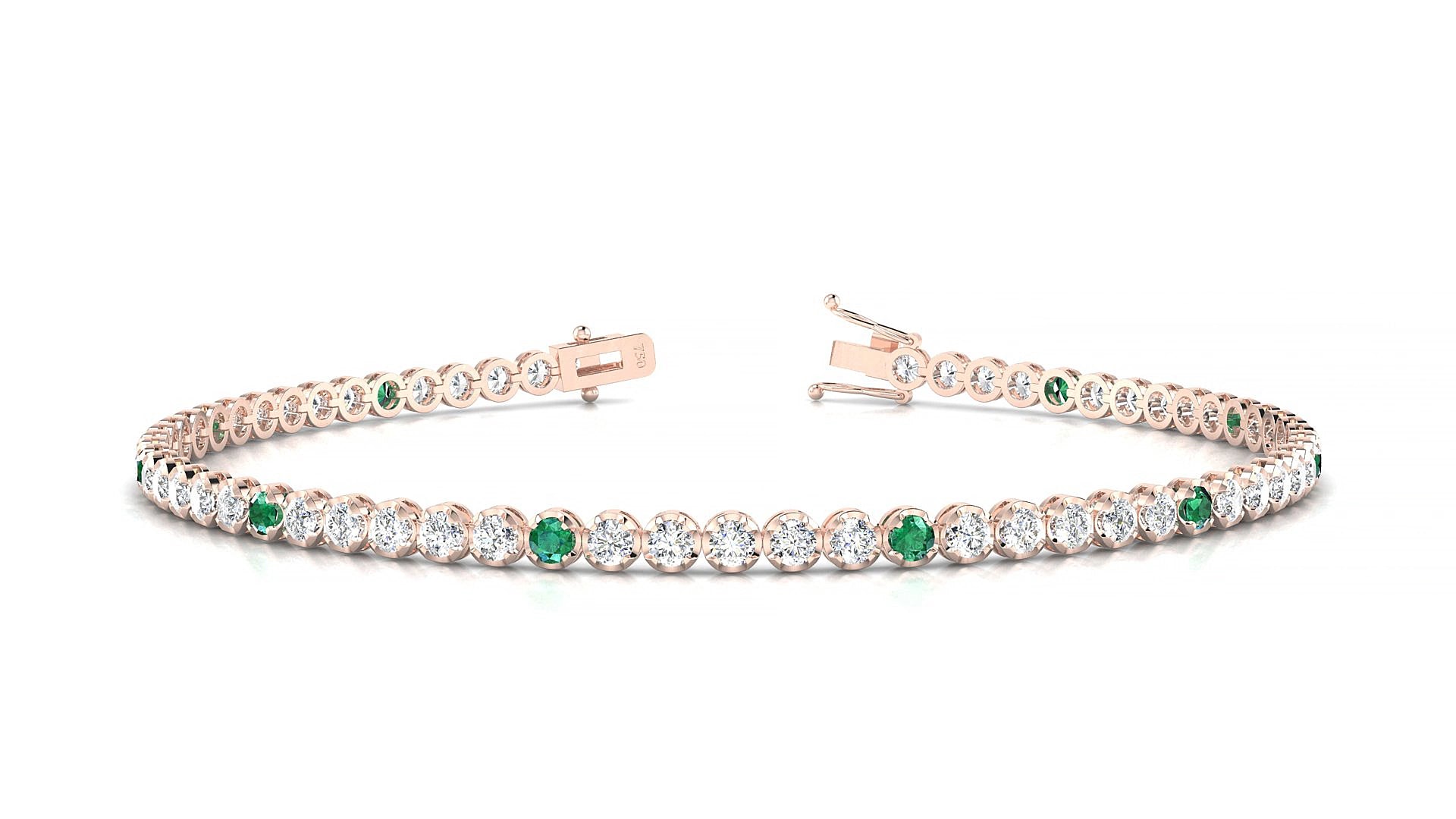 Bengal 1-5 | 18k Rose Gold 2 mm Round Natural Emerald & Diamond 18 cm Tennis Bracelet