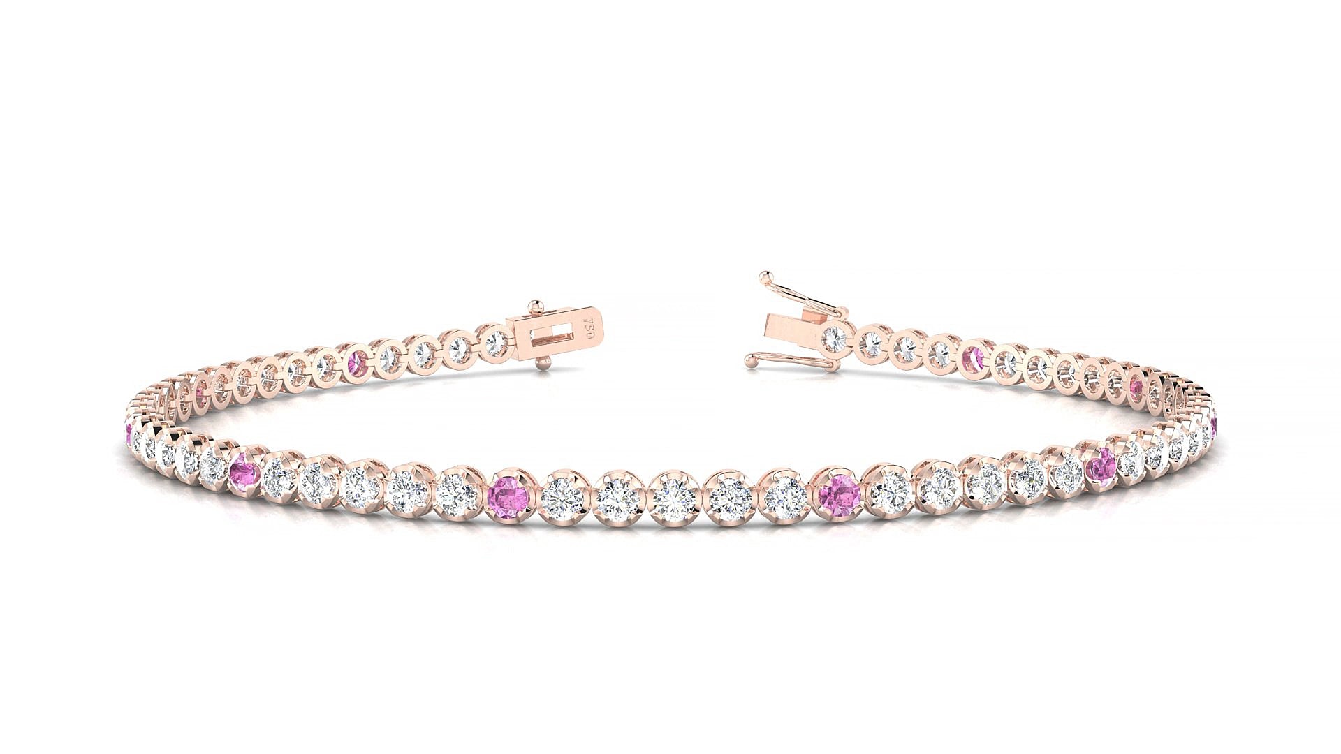 Bengal 1-5 | 18k Rose Gold 2 mm Round Natural Pink Sapphire & Diamond 19 cm Tennis Bracelet