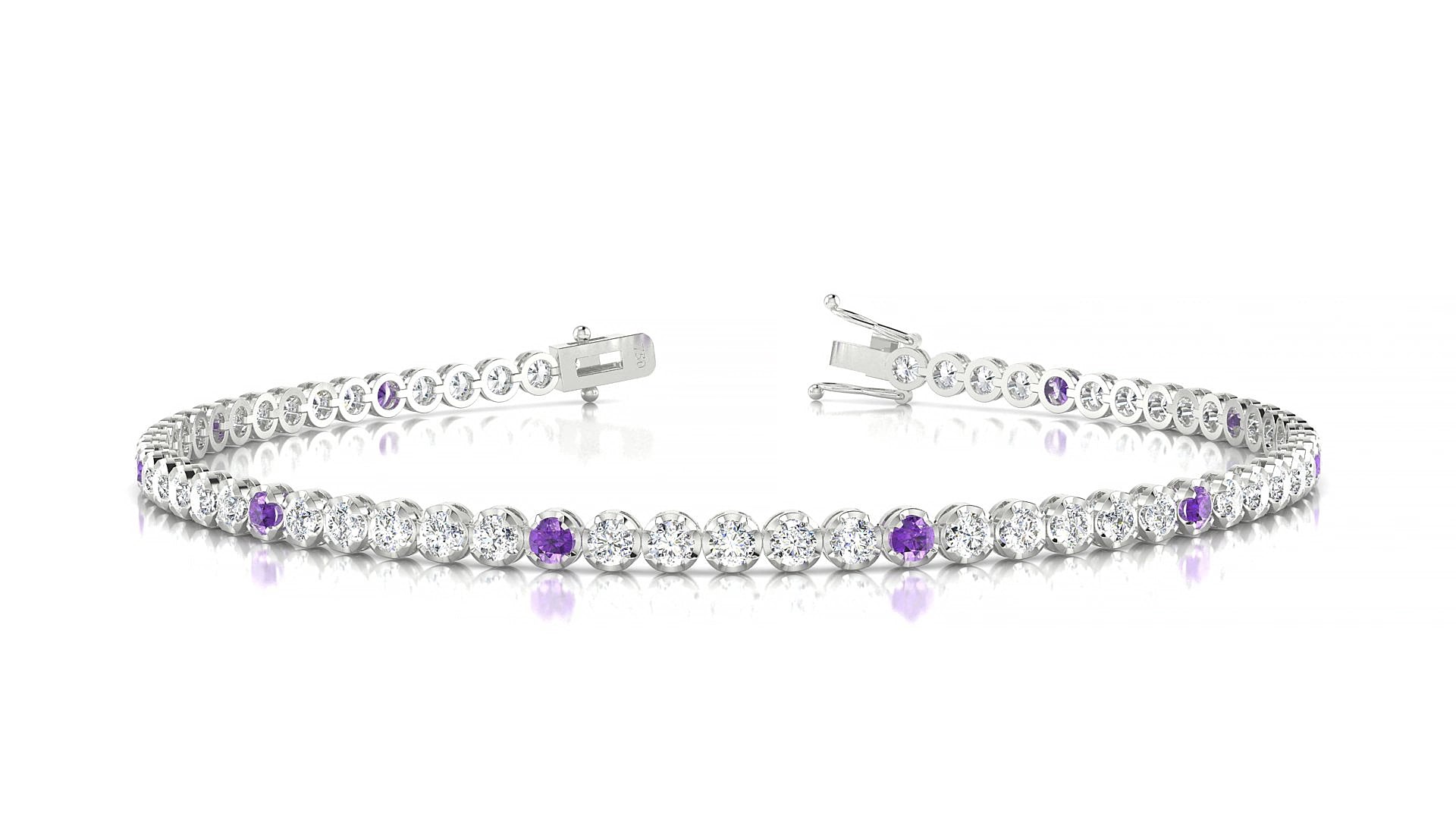 Bengal 1-5 | 18k White Gold 2 mm Round Natural Amethyst & Diamond 19 cm Tennis Bracelet