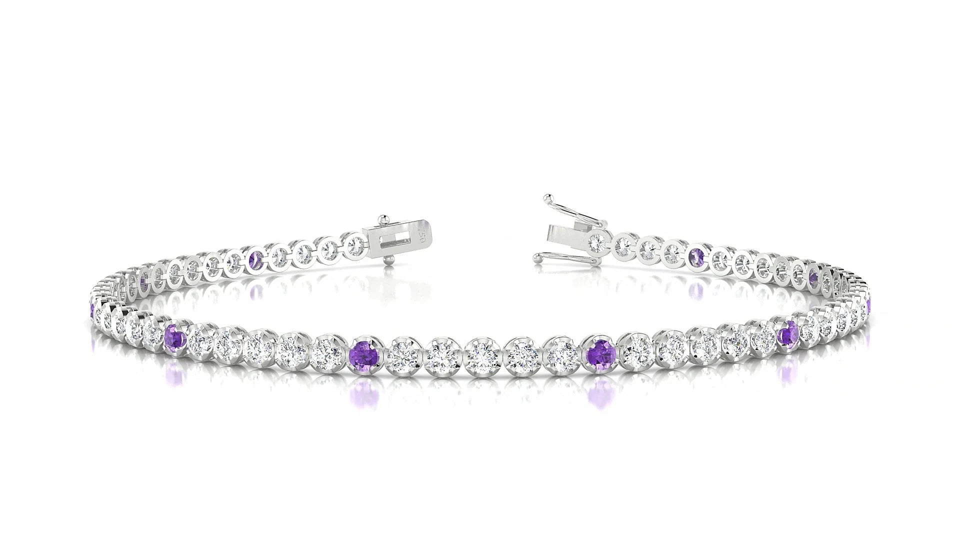 Bengal 1-5 | 18k White Gold 2 mm Round Natural Amethyst & Diamond Tennis Bracelet