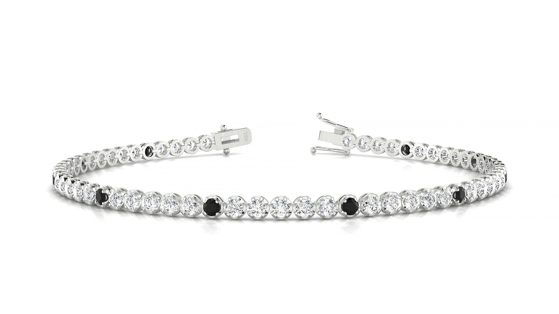 Bengal 1-5 | 18k White Gold 2 mm Round Natural Black Diamond & Diamond 15 cm Tennis Bracelet