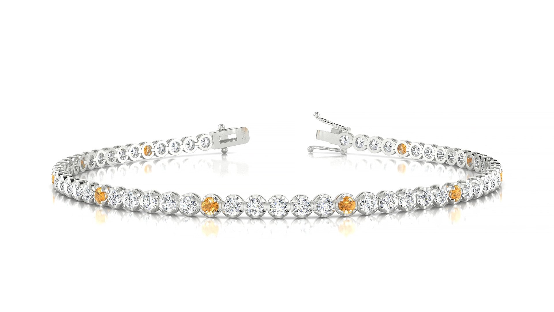 Bengal 1-5 | 18k White Gold 2 mm Round Natural Citrine & Diamond 15 cm Tennis Bracelet