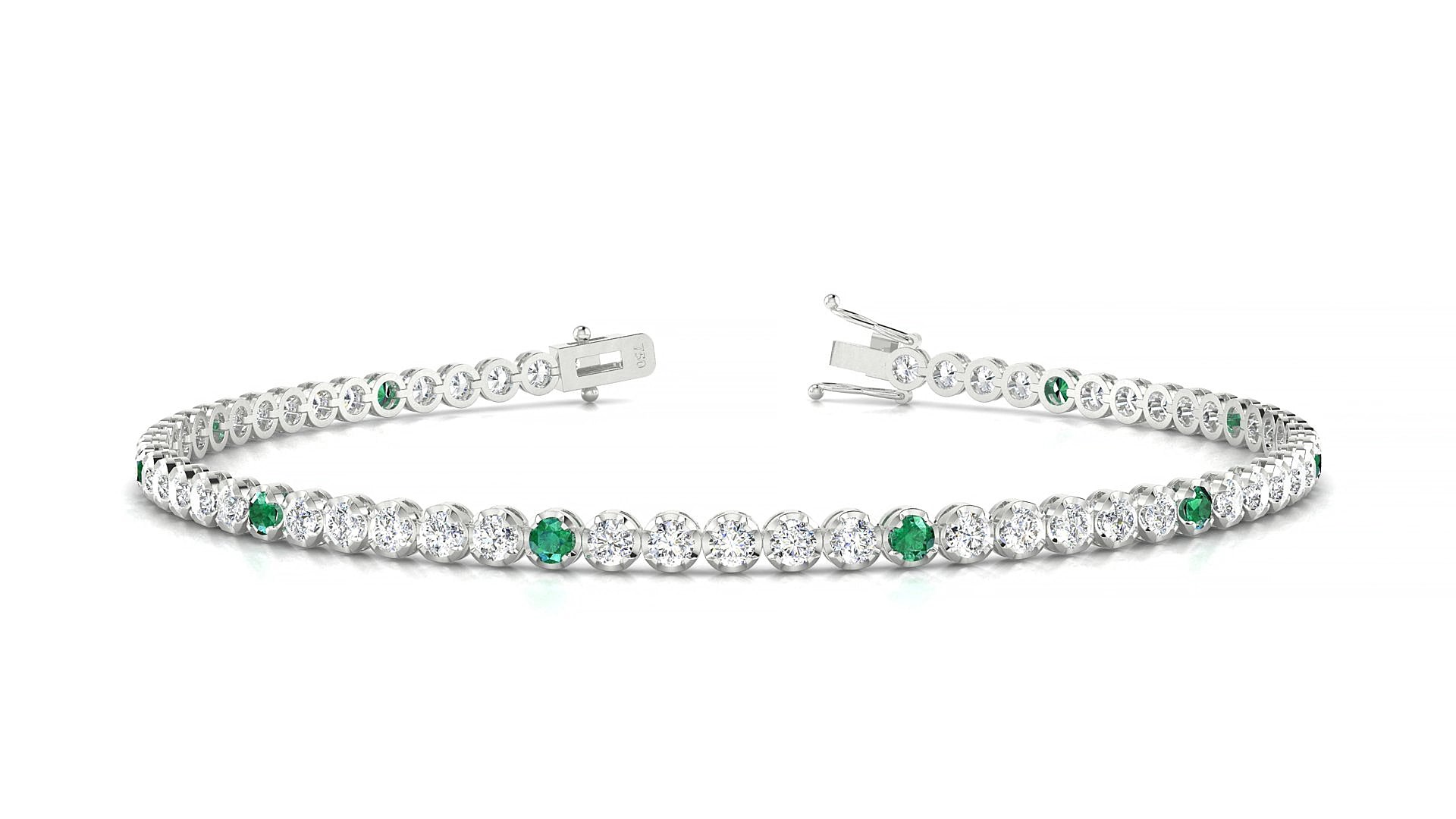 Bengal 1-5 | 18k White Gold 2 mm Round Natural Emerald & Diamond 19 cm Tennis Bracelet
