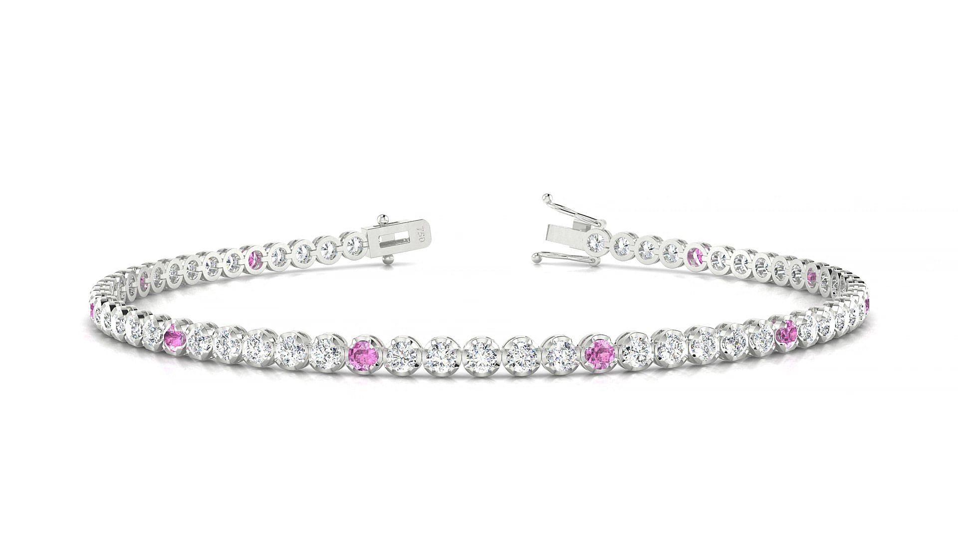 Bengal 1-5 | 18k White Gold 2 mm Round Natural Pink Sapphire & Diamond 19 cm Tennis Bracelet