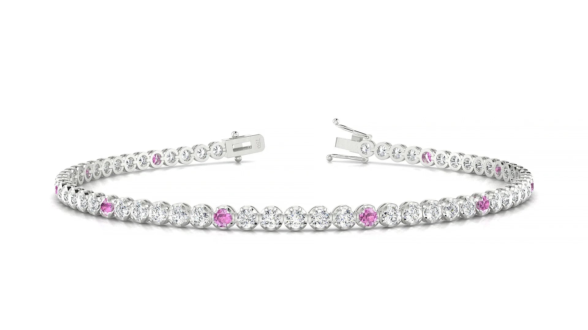 Bengal 1-5 | 18k White Gold 2 mm Round Natural Pink Sapphire & Diamond Tennis Bracelet