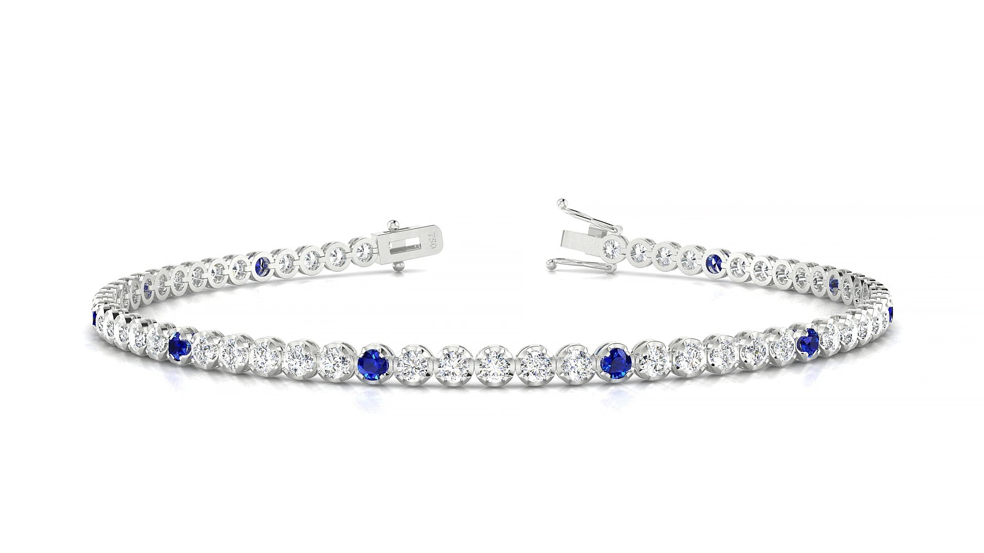 Bengal 1-5 | 18k White Gold 2 mm Round Natural Sapphire & Diamond 15 cm Tennis Bracelet