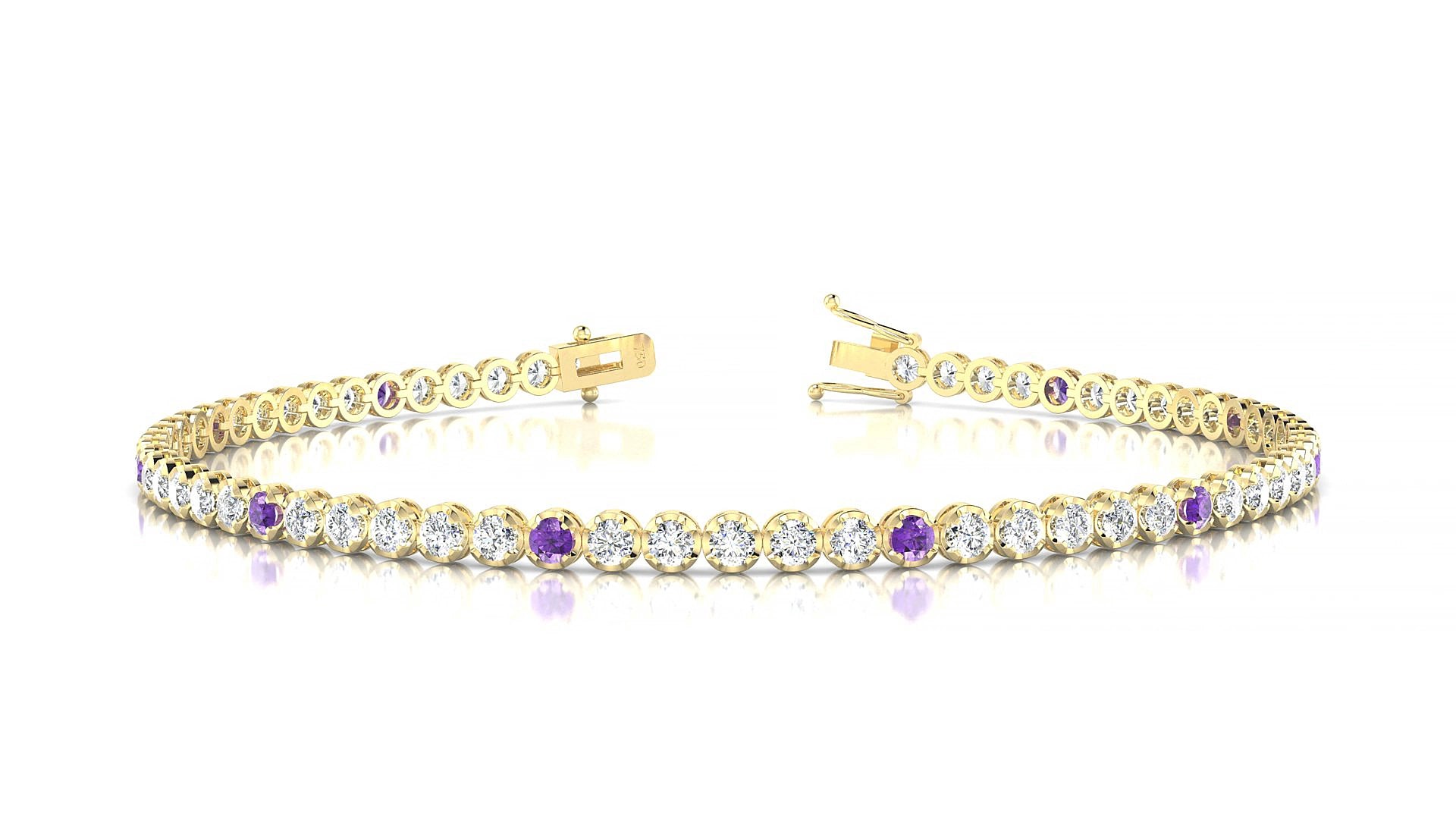 Bengal 1-5 | 18k Yellow Gold 2 mm Round Natural Amethyst & Diamond 17 cm Tennis Bracelet