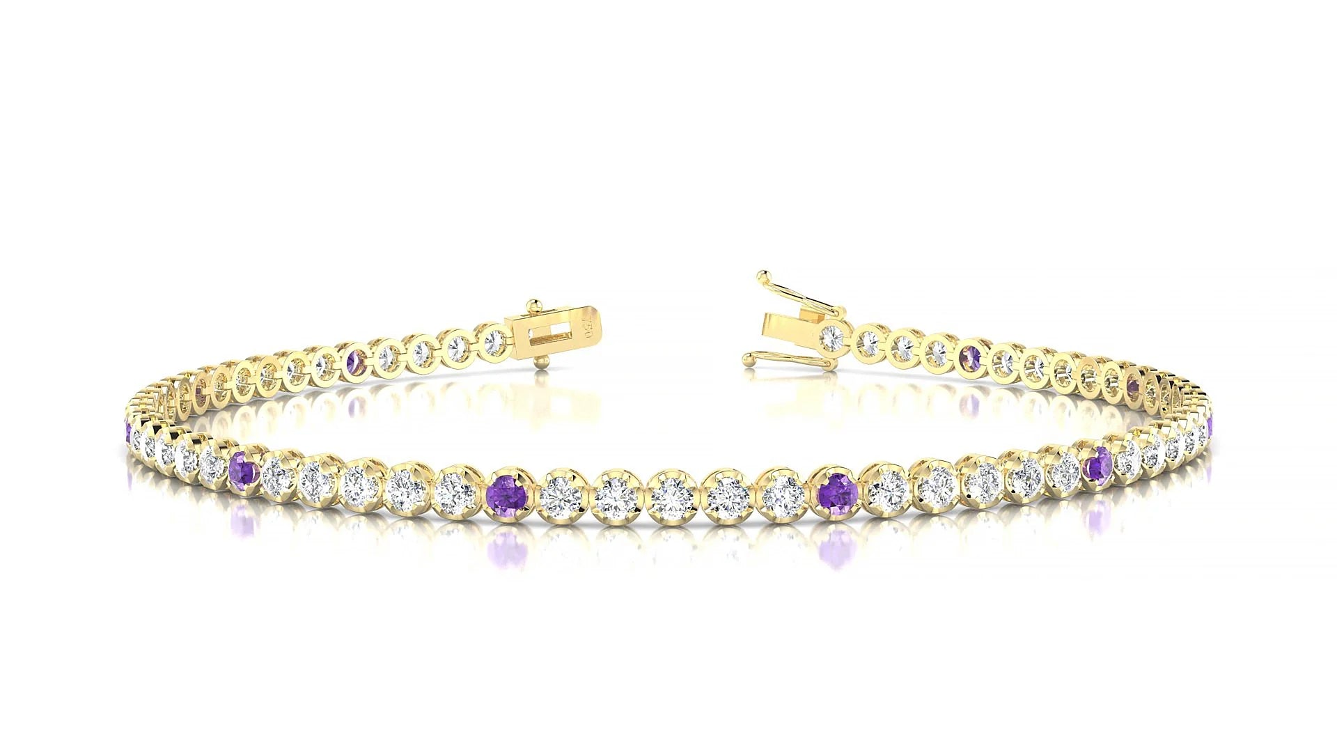 Bengal 1-5 | 18k Yellow Gold 2 mm Round Natural Amethyst & Diamond Tennis Bracelet