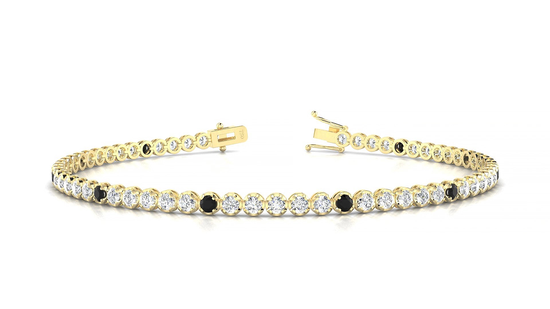 Bengal 1-5 | 18k Yellow Gold 2 mm Round Natural Black Diamond & Diamond 16 cm Tennis Bracelet