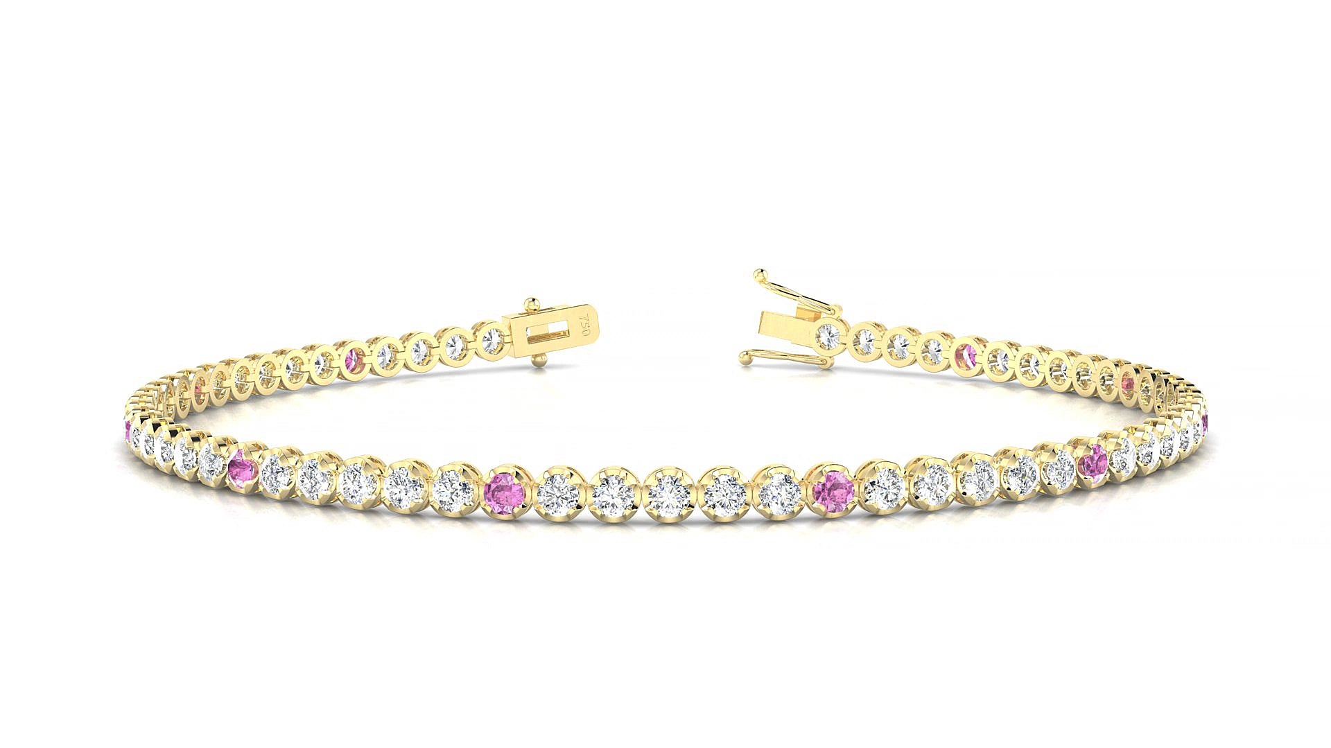 Bengal 1-5 | 18k Yellow Gold 2 mm Round Natural Pink Sapphire & Diamond 19 cm Tennis Bracelet