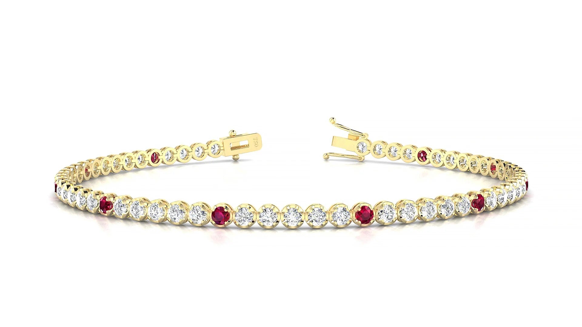 Bengal 1-5 | 18k Yellow Gold 2 mm Round Natural Ruby & Diamond Tennis Bracelet