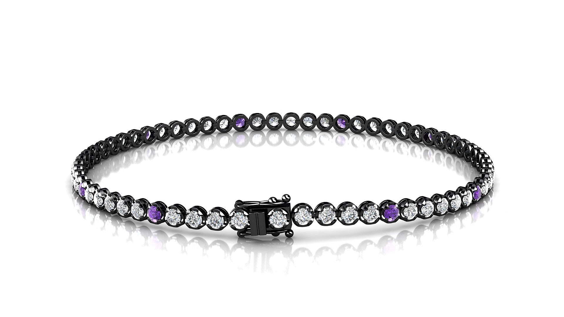 Bengal 1-5 | 18k Black Gold 2 mm Round Natural Amethyst & Diamond 19 cm Tennis Bracelet