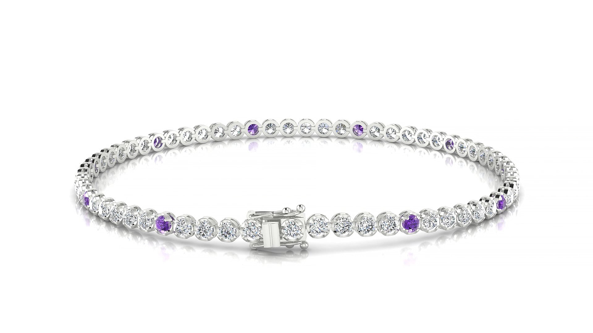 Bengal 1-5 | 18k White Gold 2 mm Round Natural Amethyst & Diamond 16 cm Tennis Bracelet