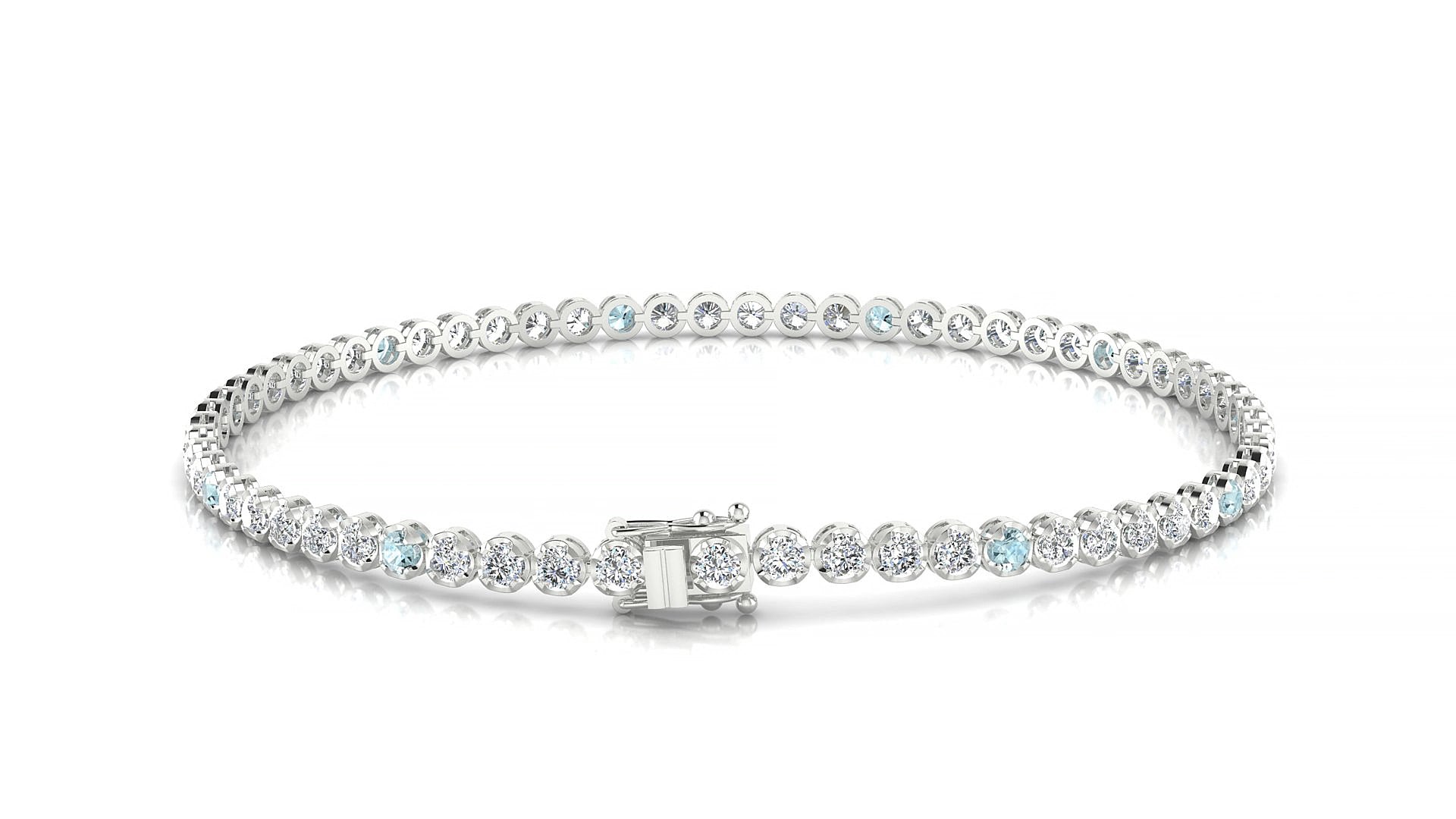Bengal 1-5 | 18k White Gold 2 mm Round Natural Aquamarine & Diamond 17 cm Tennis Bracelet