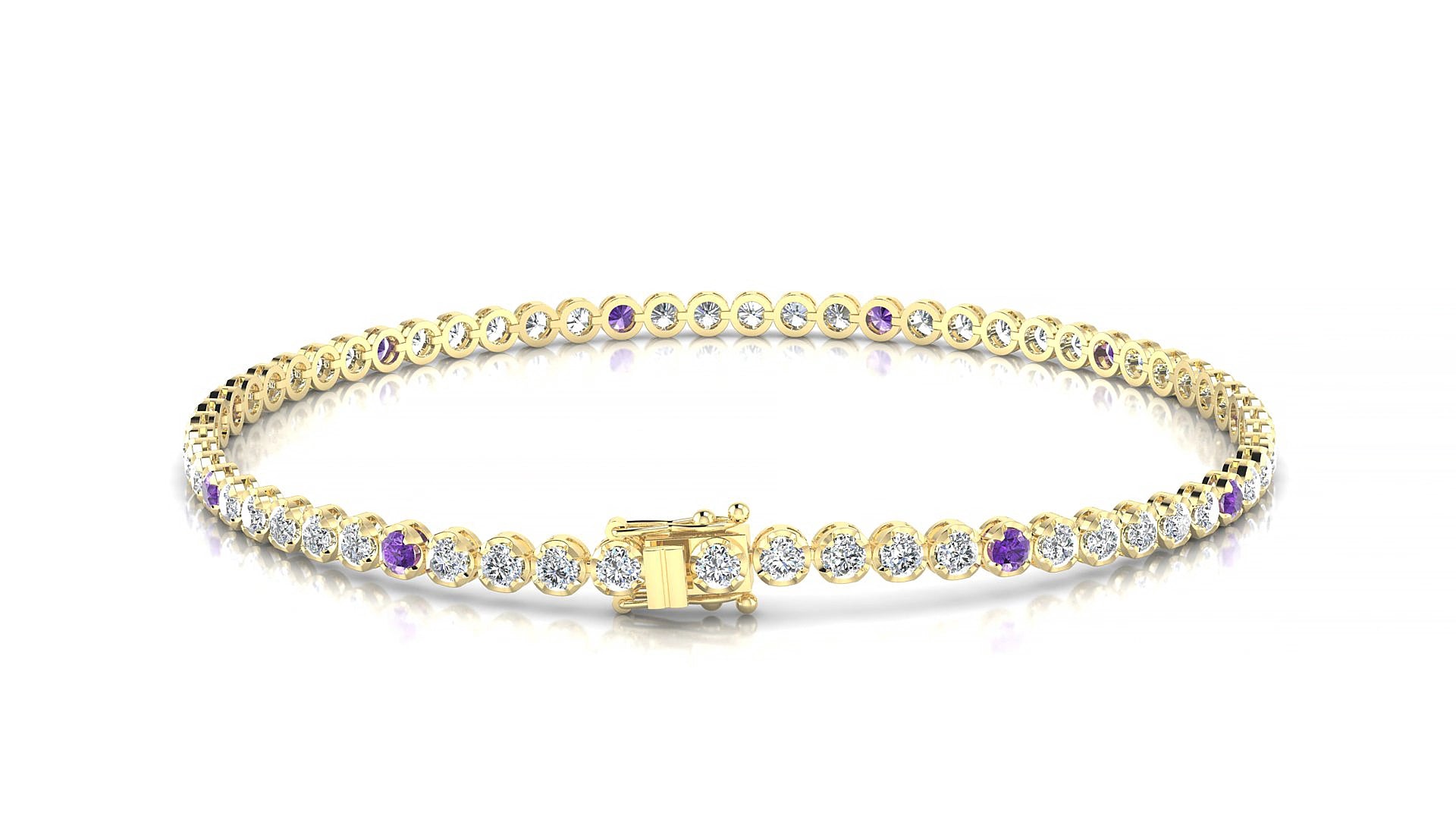 Bengal 1-5 | 18k Yellow Gold 2 mm Round Natural Amethyst & Diamond 16 cm Tennis Bracelet