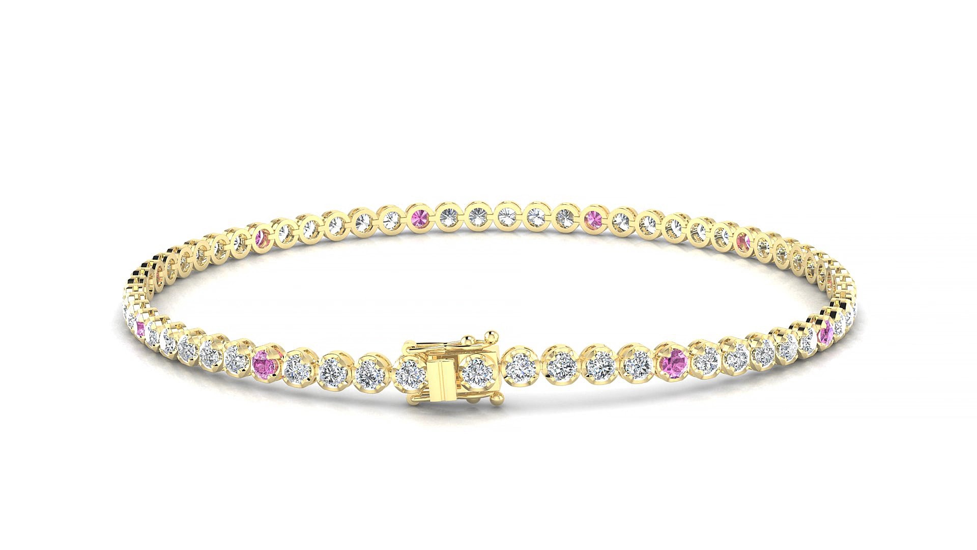 Bengal 1-5 | 18k Yellow Gold 2 mm Round Natural Pink Sapphire & Diamond 19 cm Tennis Bracelet