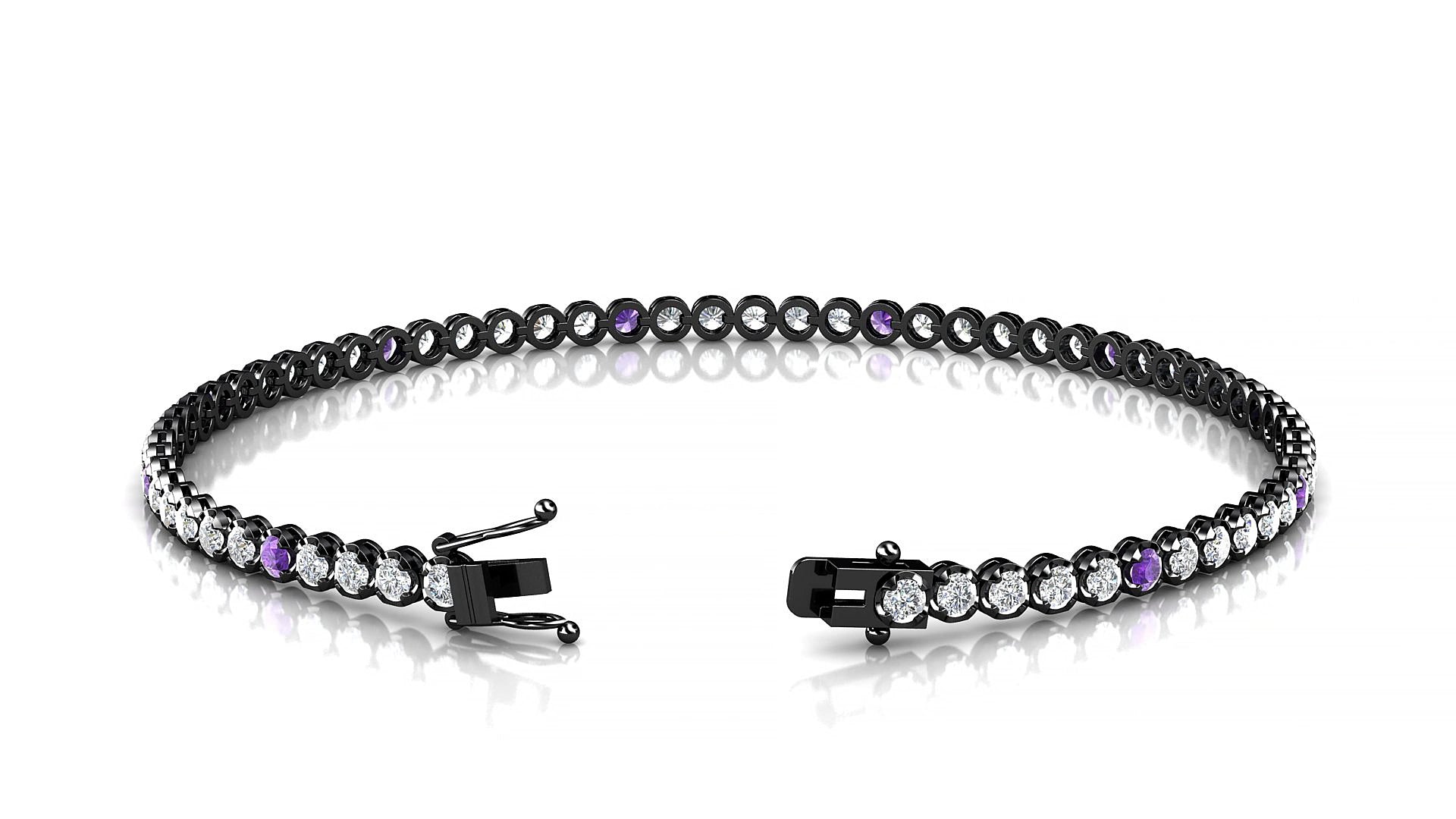 Bengal 1-5 | 18k Black Gold 2 mm Round Natural Amethyst & Diamond 15 cm Tennis Bracelet