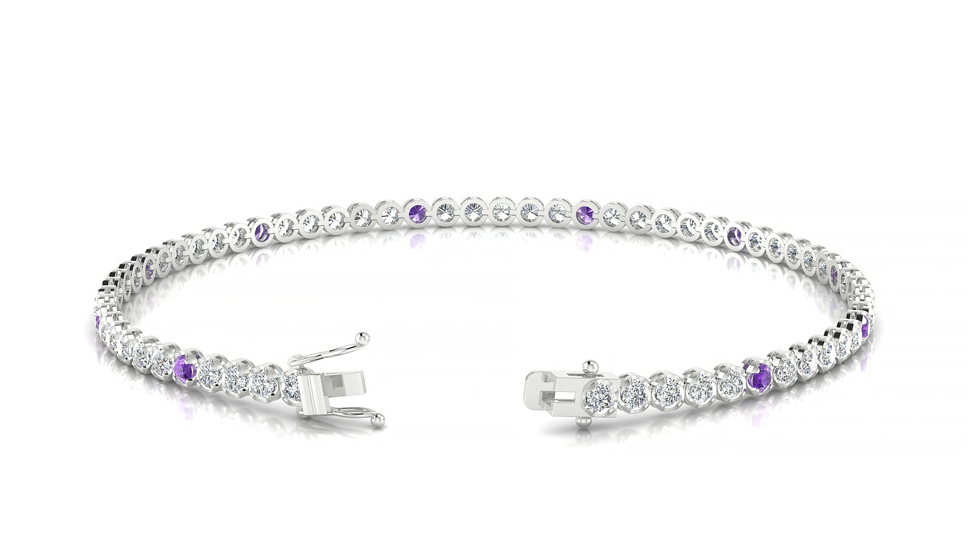 Bengal 1-5 | 18k White Gold 2 mm Round Natural Amethyst & Diamond 15 cm Tennis Bracelet