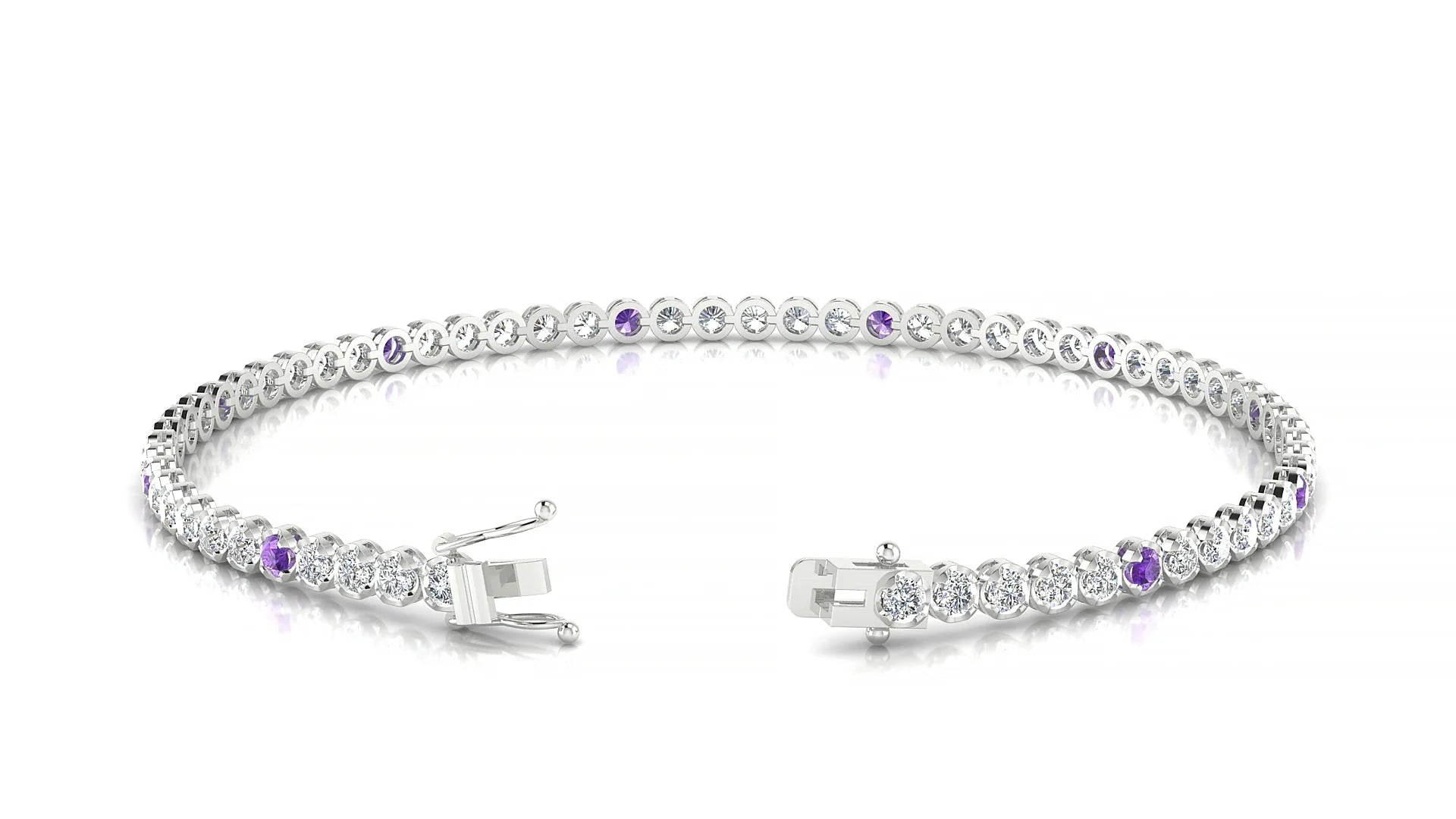 Bengal 1-5 | 18k White Gold 2 mm Round Natural Amethyst & Diamond Tennis Bracelet