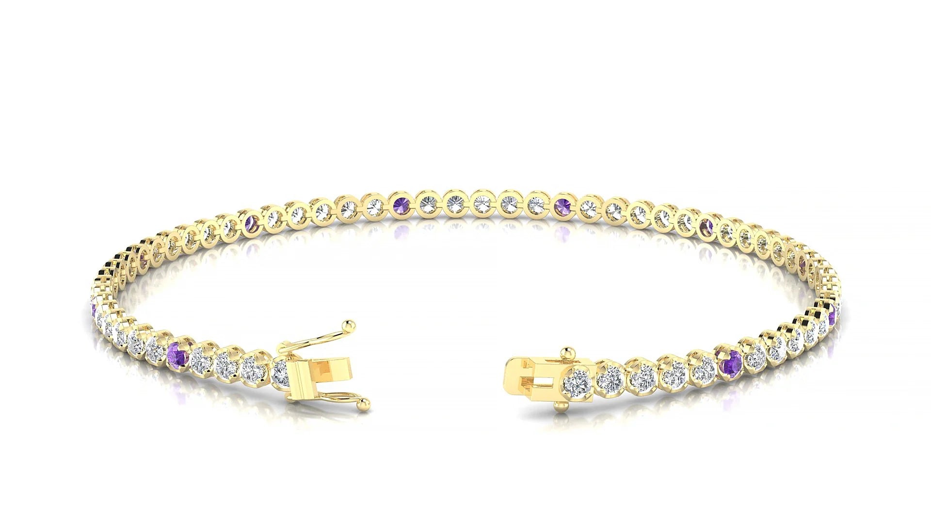 Bengal 1-5 | 18k Yellow Gold 2 mm Round Natural Amethyst & Diamond Tennis Bracelet