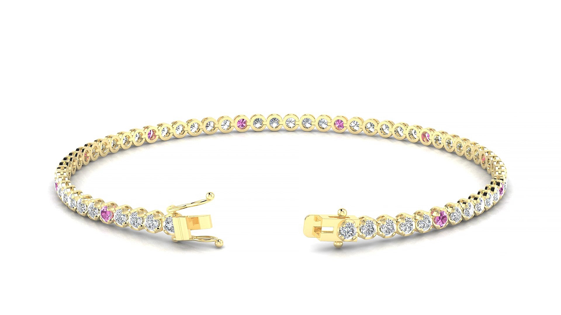 Bengal 1-5 | 18k Yellow Gold 2 mm Round Natural Pink Sapphire & Diamond 15 cm Tennis Bracelet