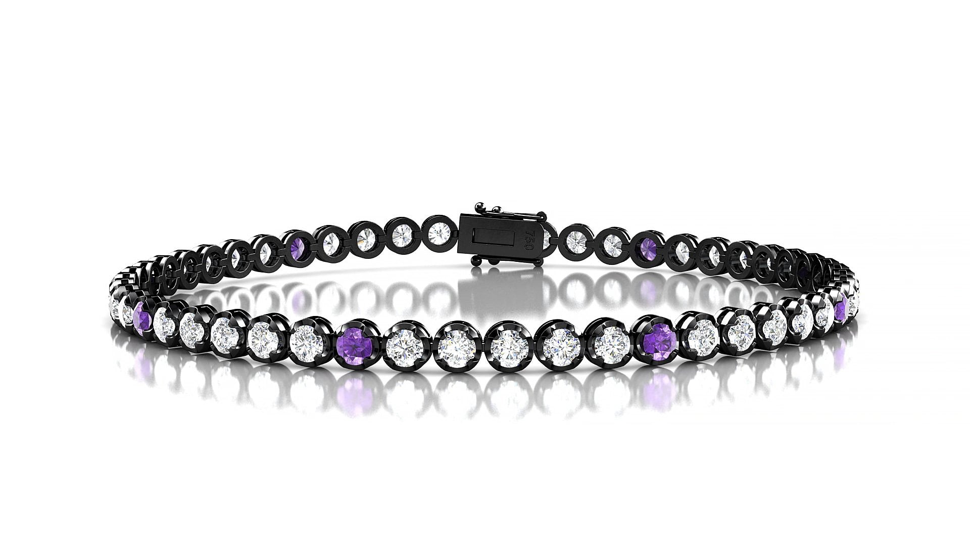 Bengal 1-5 | 18k Black Gold 2.5 mm Round Natural Amethyst & Diamond 17 cm Tennis Bracelet
