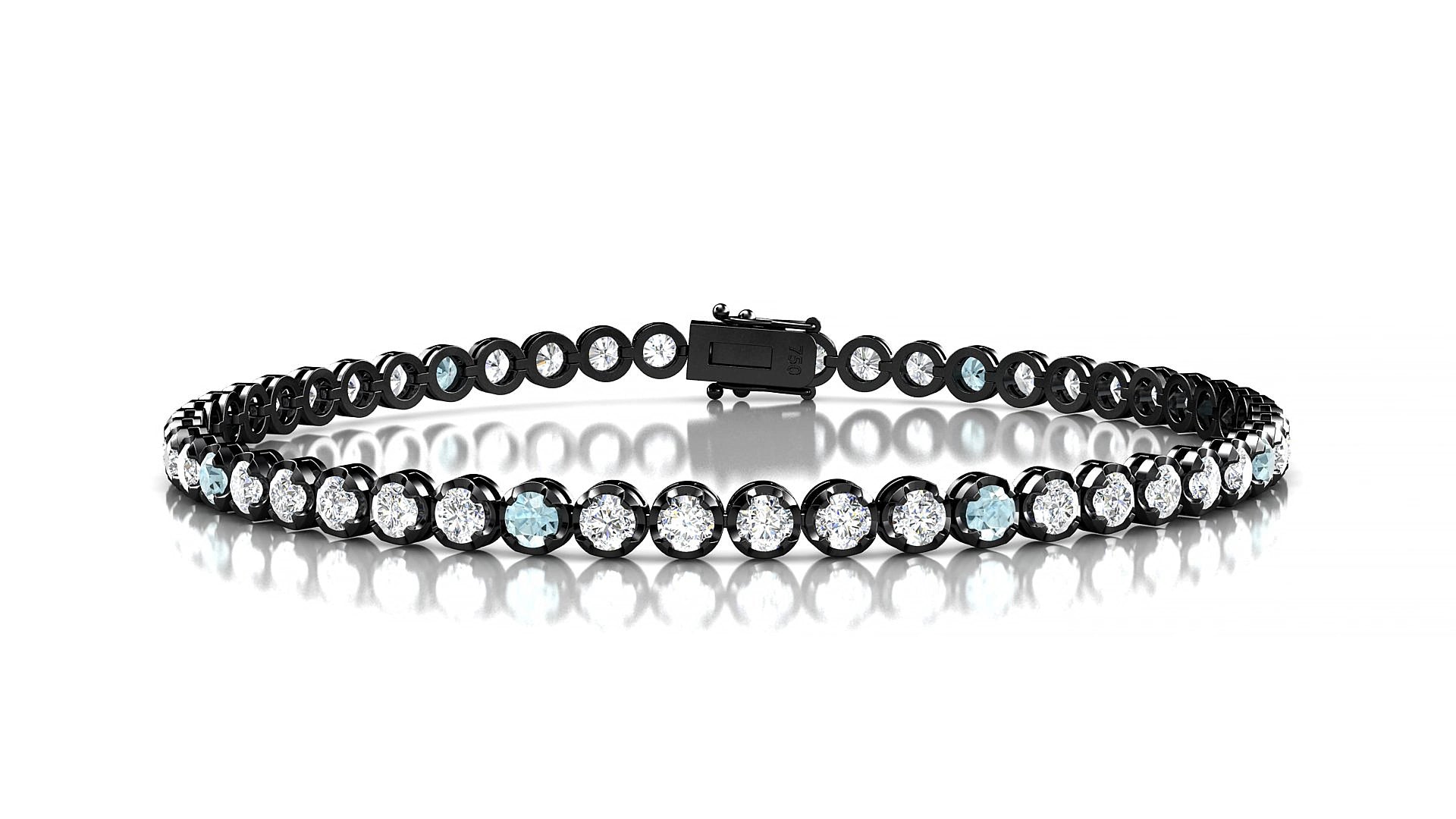 Bengal 1-5 | 18k Black Gold 2.5 mm Round Natural Aquamarine & Diamond 15 cm Tennis Bracelet