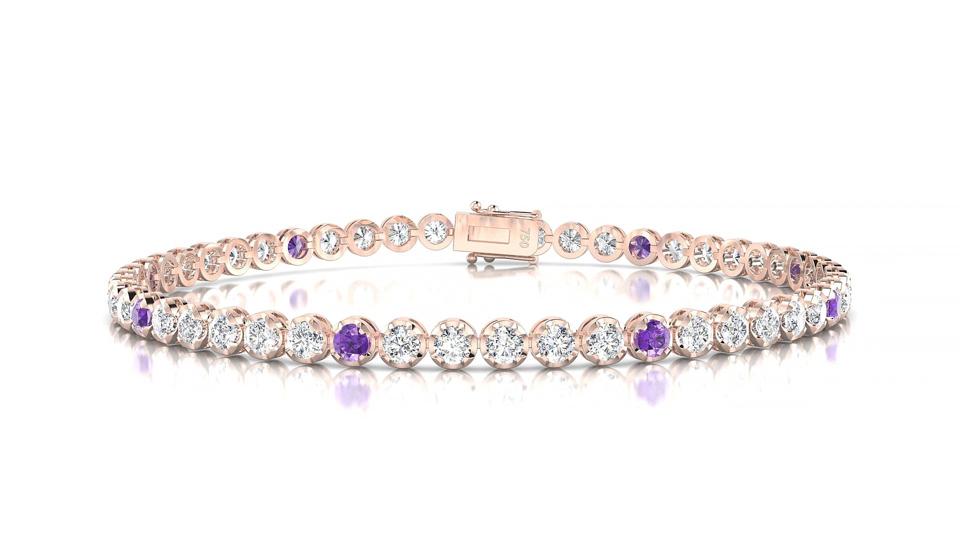 Bengal 1-5 | 18k Rose Gold 2.5 mm Round Natural Amethyst & Diamond 15 cm Tennis Bracelet